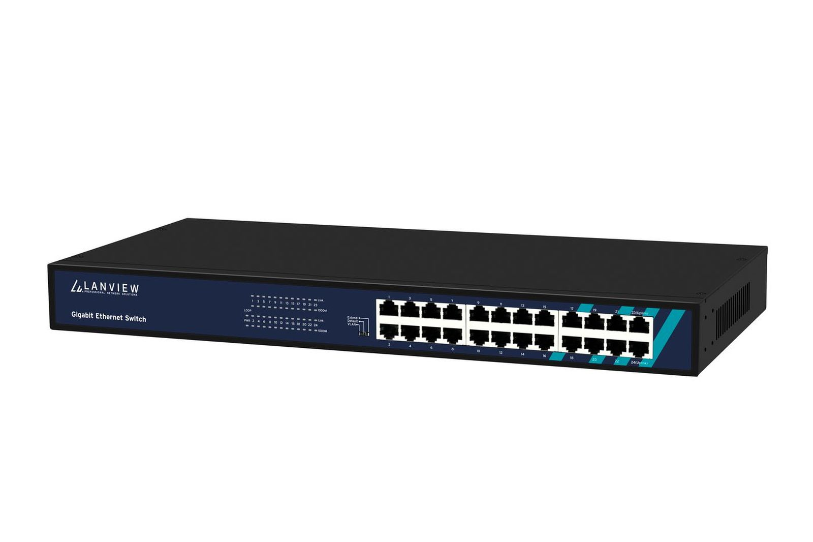 Ein schwarzer Lanview Gigabit Ethernet Switch mit mehreren Ports auf weißem Hintergrund.