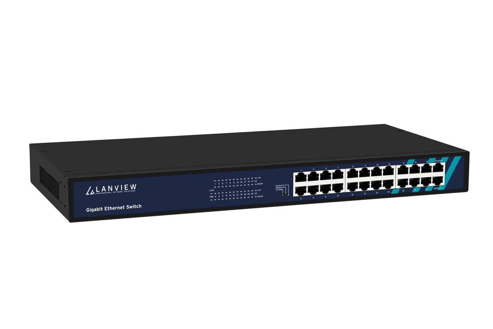 Ein schwarzer LANVIEW Gigabit Ethernet Switch mit zahlreichen RJ45-Anschlüssen auf einer weißen Fläche.