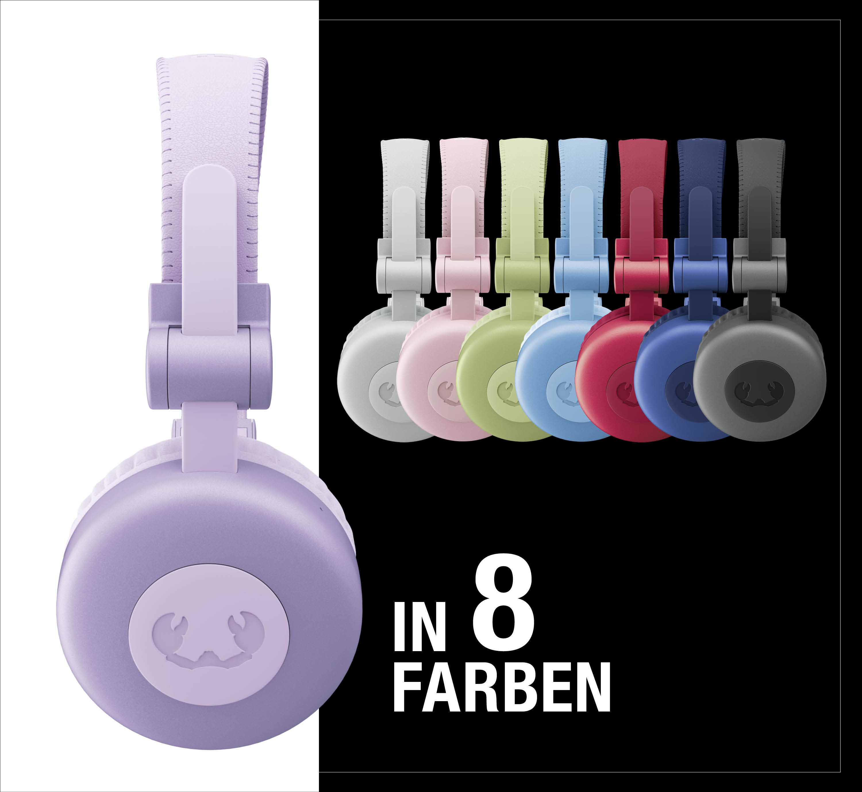 Lilafarbener Kopfhörer links, sieben bunte rechts und der Text 'In 8 Farben'.