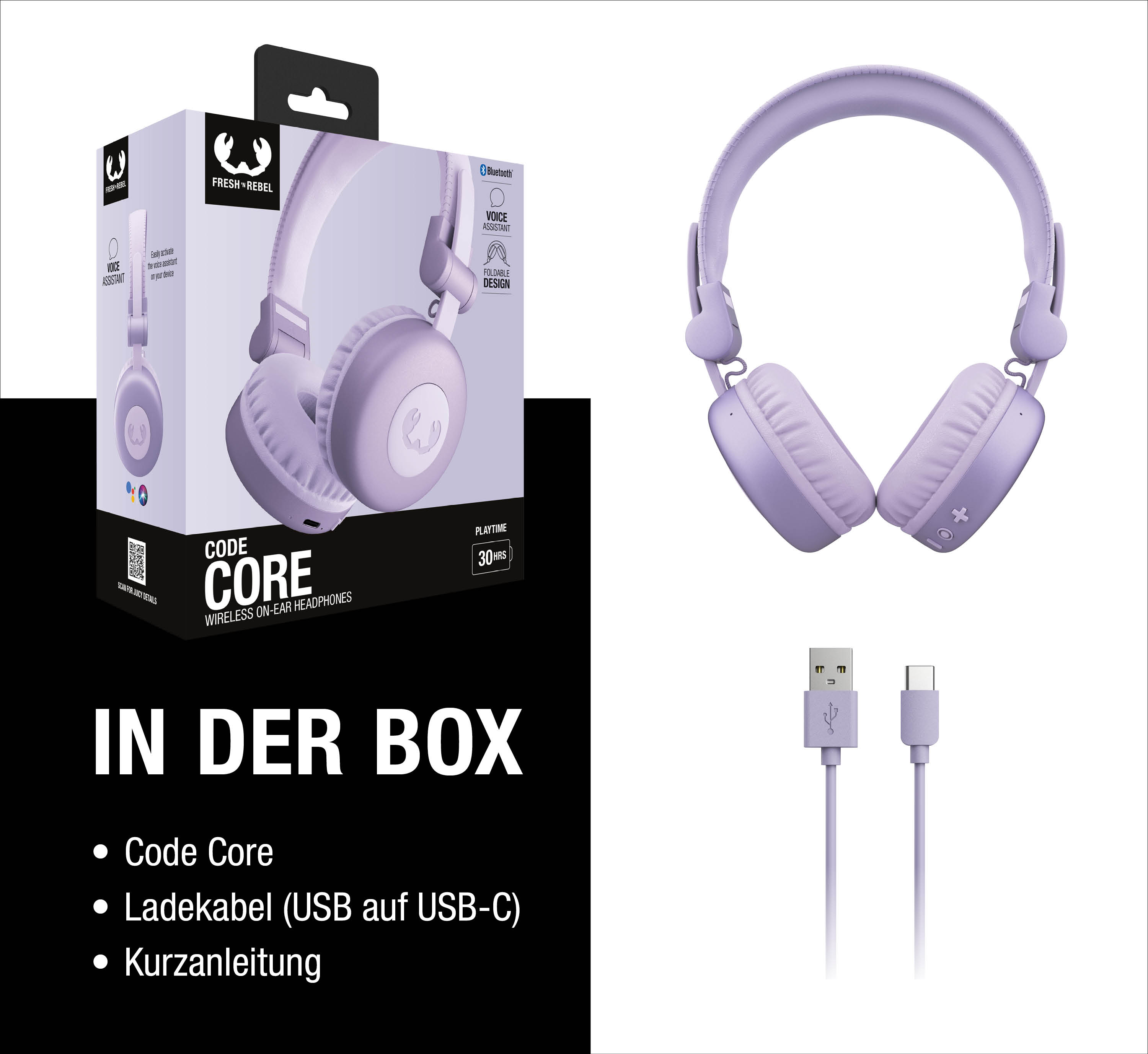 Violette kabellose On-Ear-Kopfhörer mit Karton und USB-C-Ladekabel.