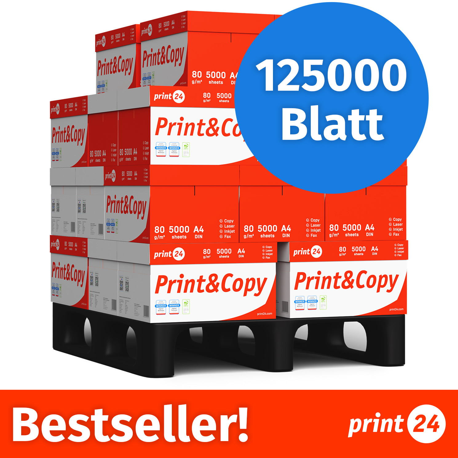 Palette mit roten Papierkartons, Print&Copy, mit blauem Kreis '125000 Blatt' und 'Bestseller!' Unten.