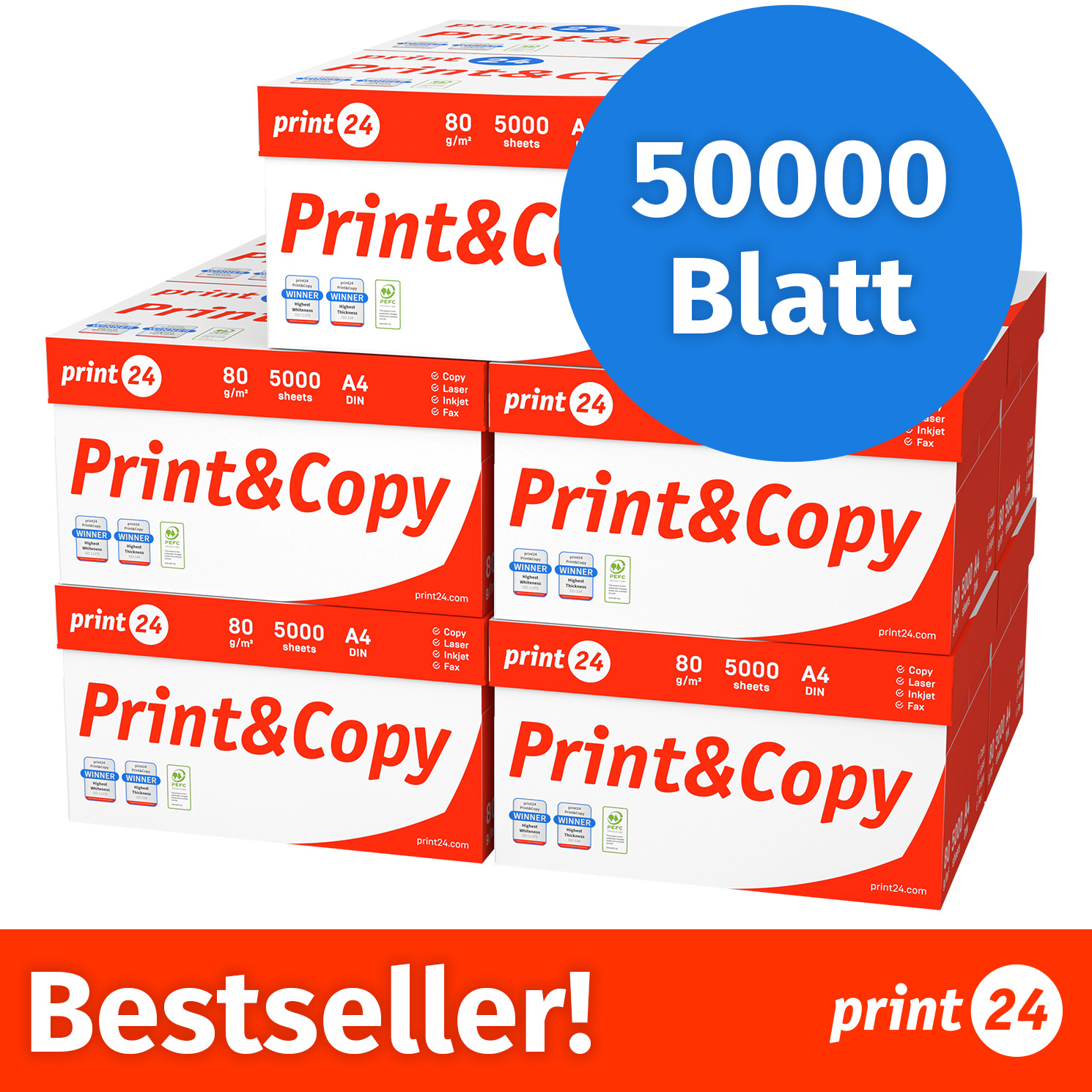 Stapel aus Print&Copy Papierkartons mit der Aufschrift 50000 Blatt und Bestseller-Banner.
