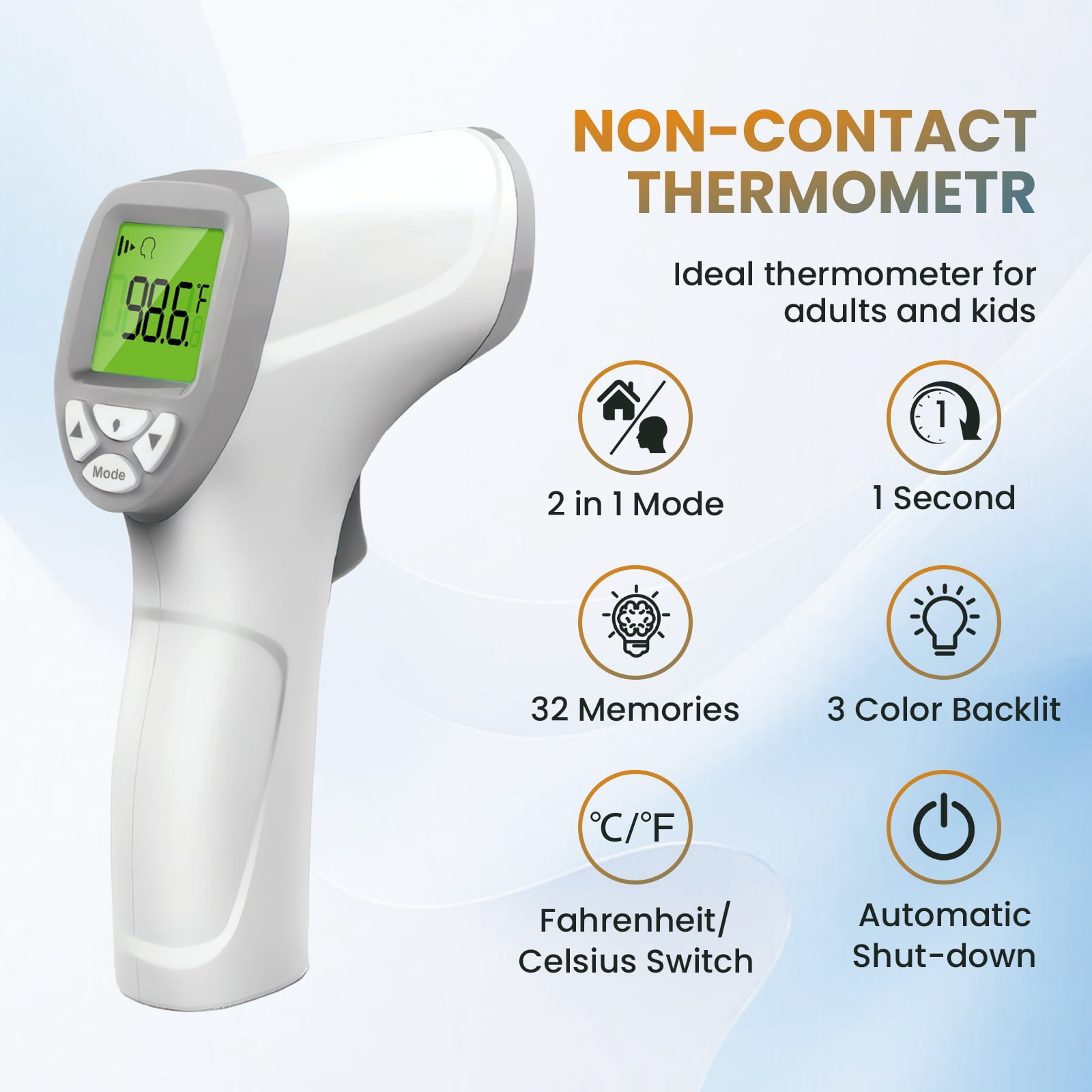 Weißes berührungsloses Infrarot-Thermometer mit grünem Display und Funktionssymbolen.