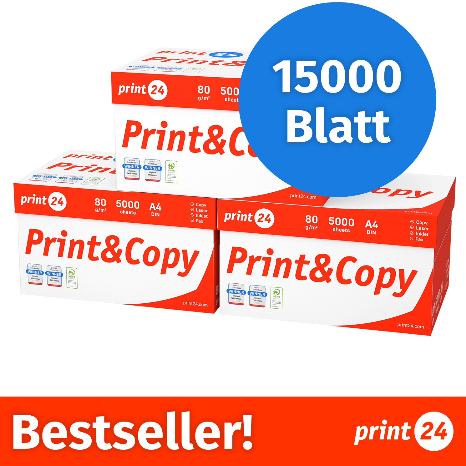 Tres cajas de papel para fotocopias, 15000 hojas, con marca Print&Copy roja y blanca y el texto Bestseller.