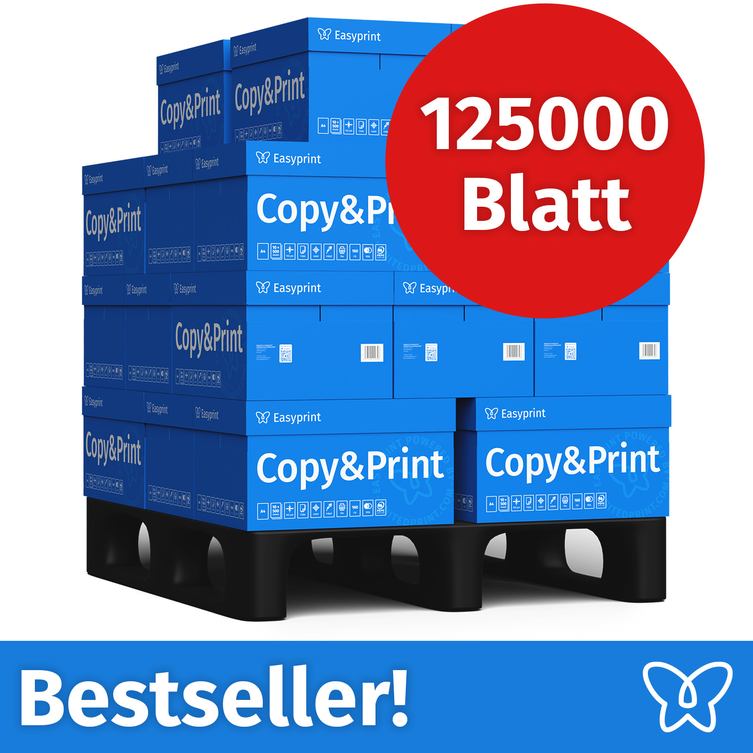 Stapel blauer Easyprint Copy & Print Papierkartons auf einer schwarzen Palette mit rotem 125000 Blatt Kreis.