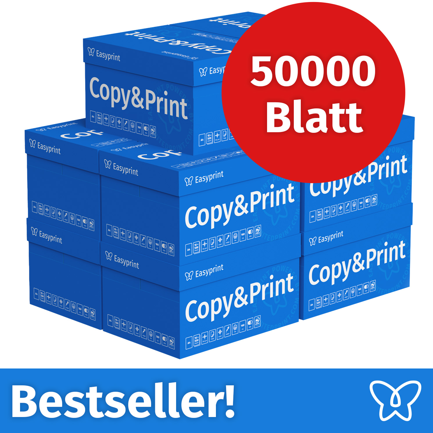 Gestapelte blaue Copy&Print Papierkartons mit einem roten Kreis mit der Aufschrift 50000 Blatt und Bestseller! unten.