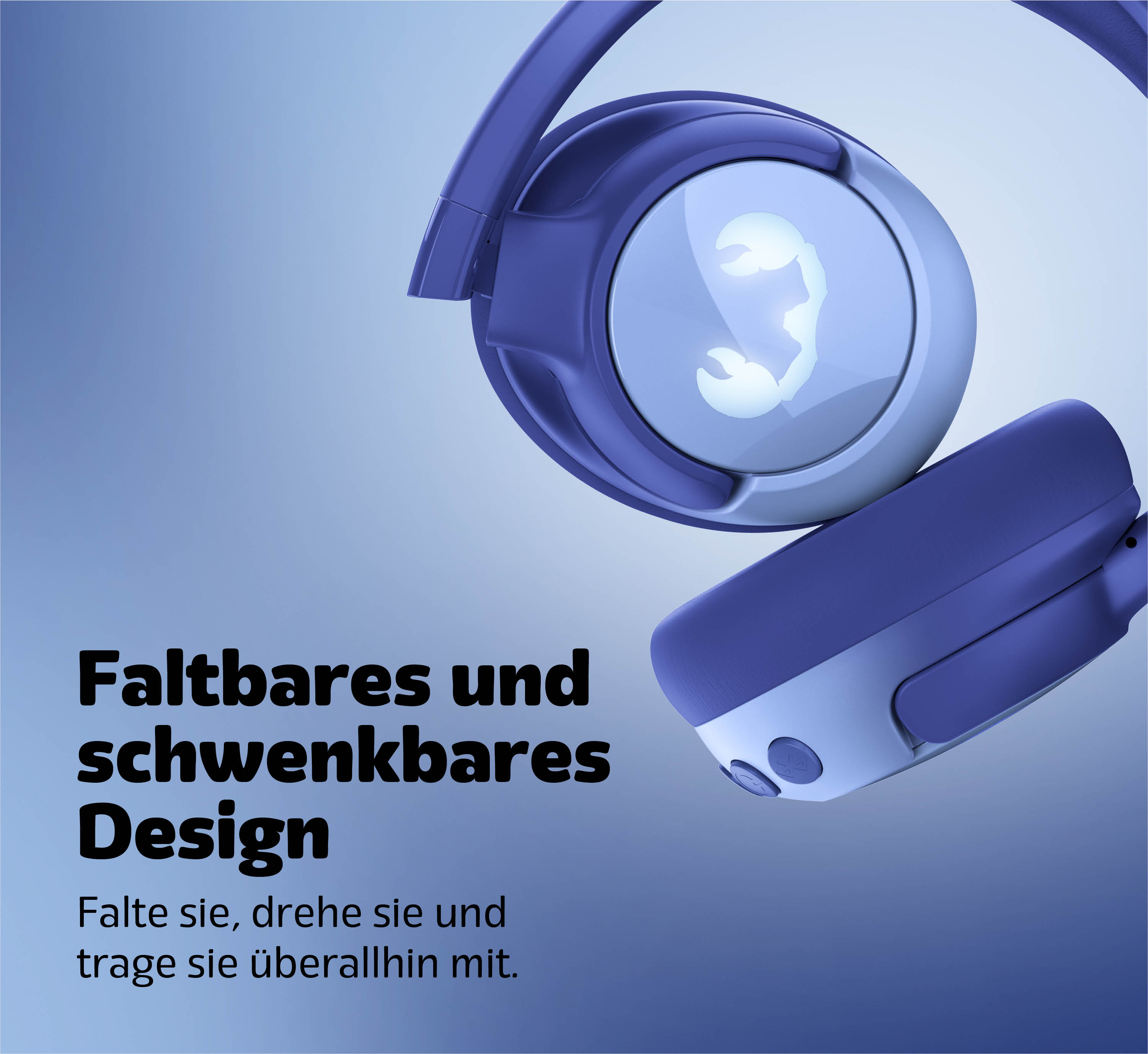 Blaue Kopfhörer mit beleuchtetem Logo und Text auf blauem Hintergrund.