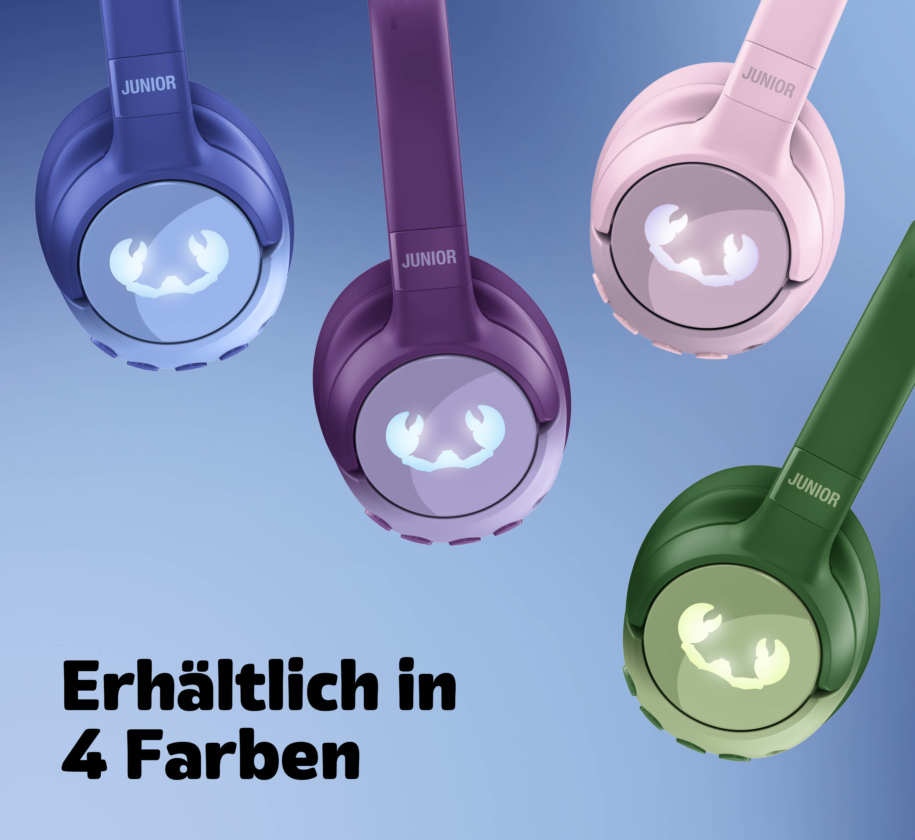 Vier bunte Junior Kopfhörer in Blau, Lila, Rosa und Grün mit Krabben-Logo auf blauem Hintergrund.