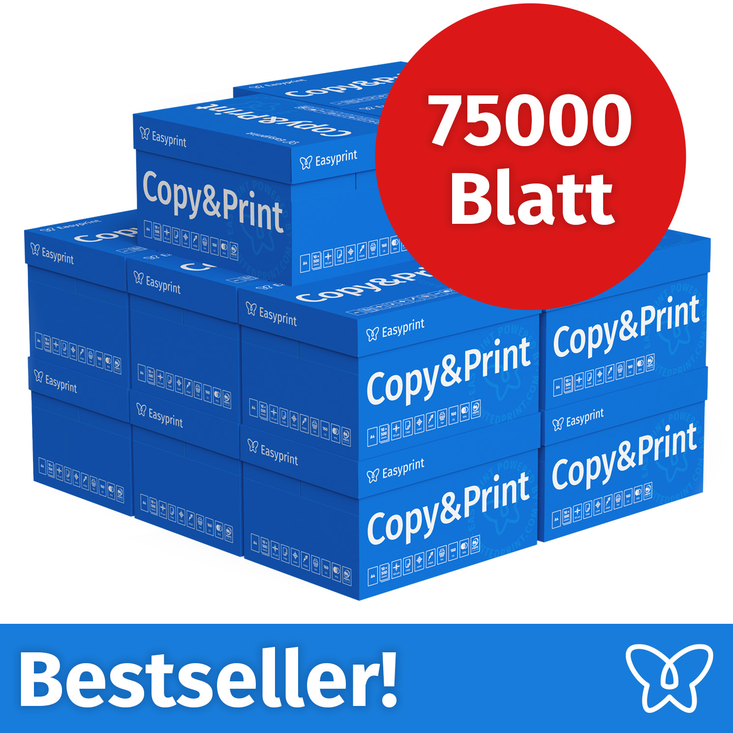 Stapel blauer Kopierpapierkartons mit einer roten Werbeblase für 75000 Blatt und Bestseller-Schriftzug.