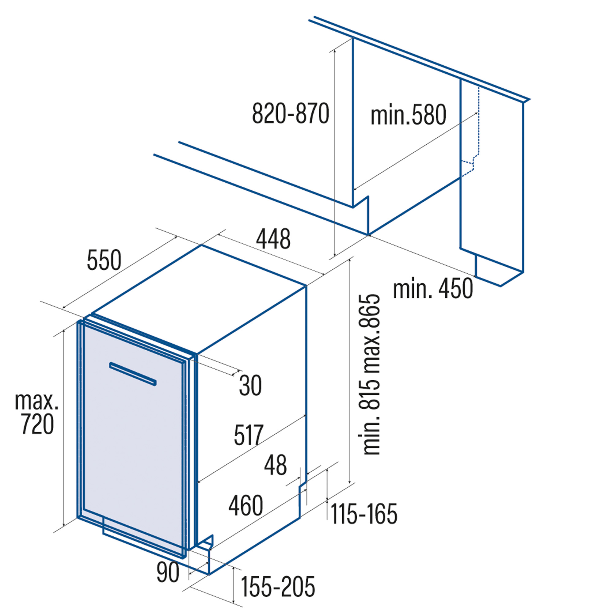 Dibujo técnico que muestra las dimensiones de instalación de un lavavajillas.