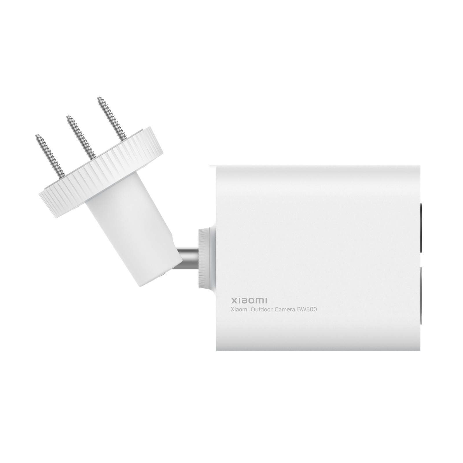 Cámara exterior Xiaomi BW500 blanca con soporte ajustable y tres tornillos sobre fondo blanco.