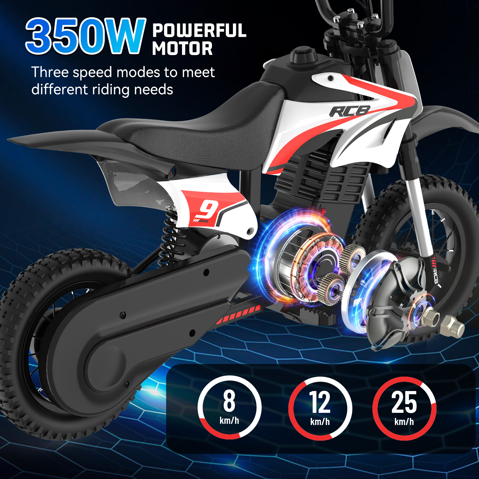 Ein weiß-schwarzes Kinder-Elektromotorrad mit 350W Motor und drei Geschwindigkeiten von 8, 12 und 25 km/h.