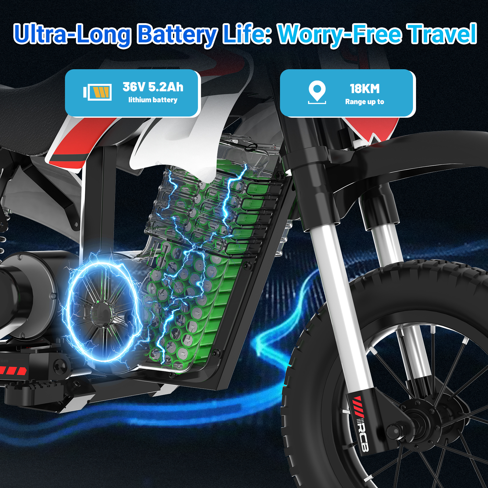 Elektromotorrad mit 36V-Lithium-Ionen-Akku, der eine Reichweite von 18 km bietet.