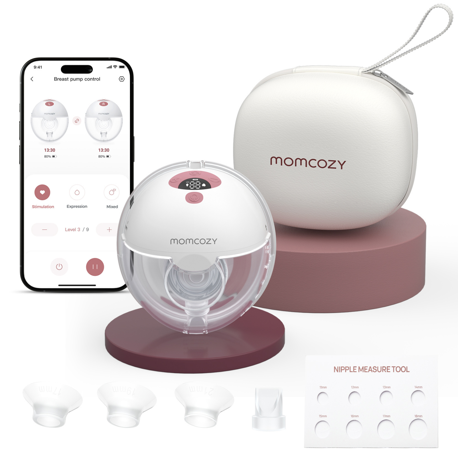 Tire-lait Momcozy, téléphone appli, sac, téterelles et outil de mesure sur fond blanc.