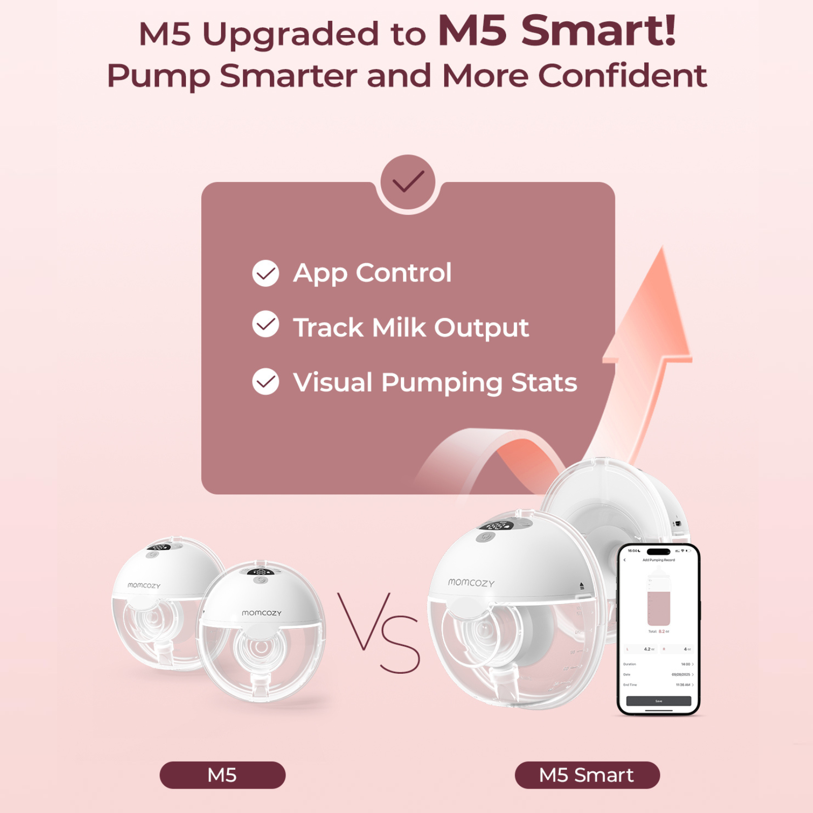 Comparaison du tire-lait M5 et M5 Smart avec contrôle par application et statistiques.