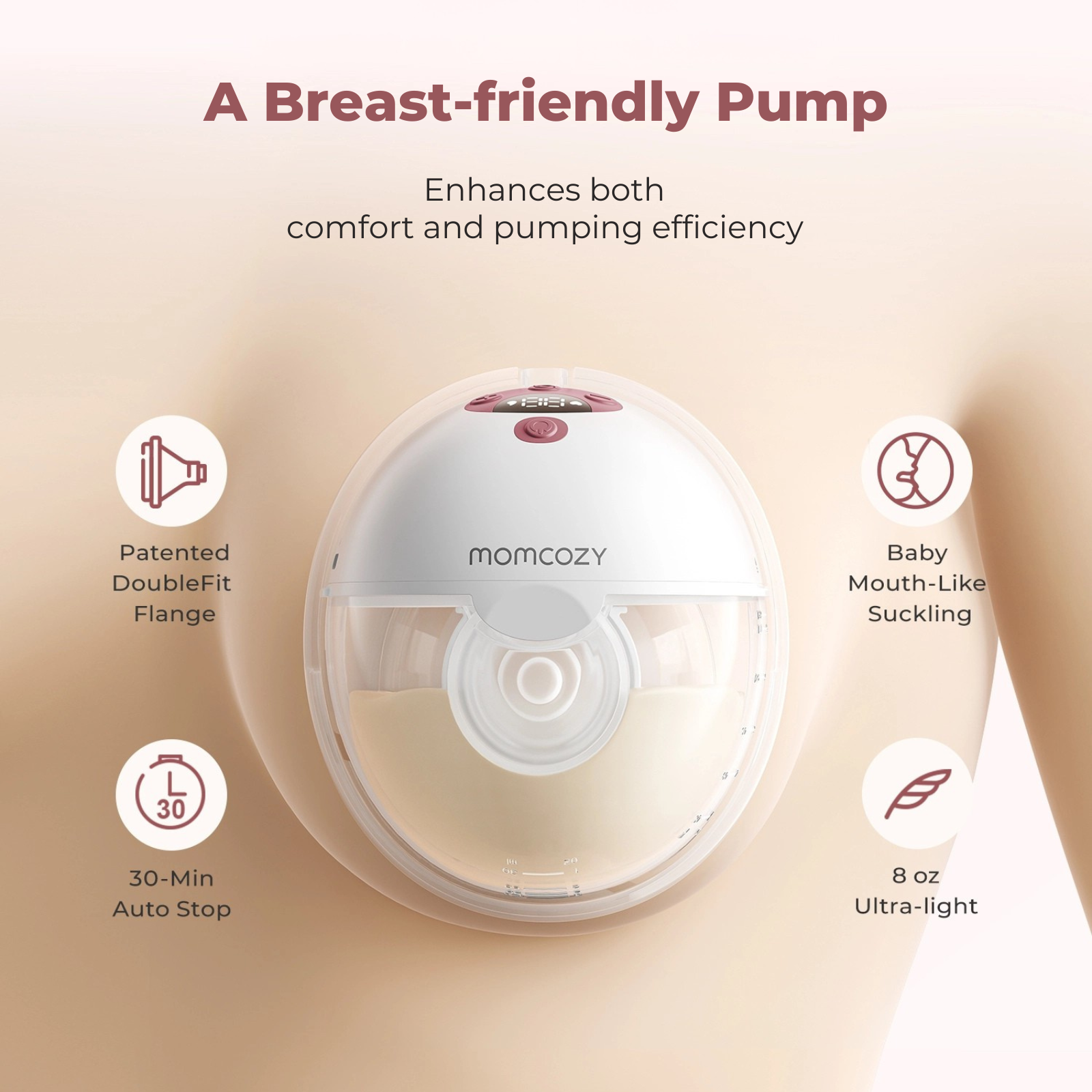 Un tire-lait Momcozy blanc et rose sur une poitrine, entouré d'icônes et de textes explicatifs.
