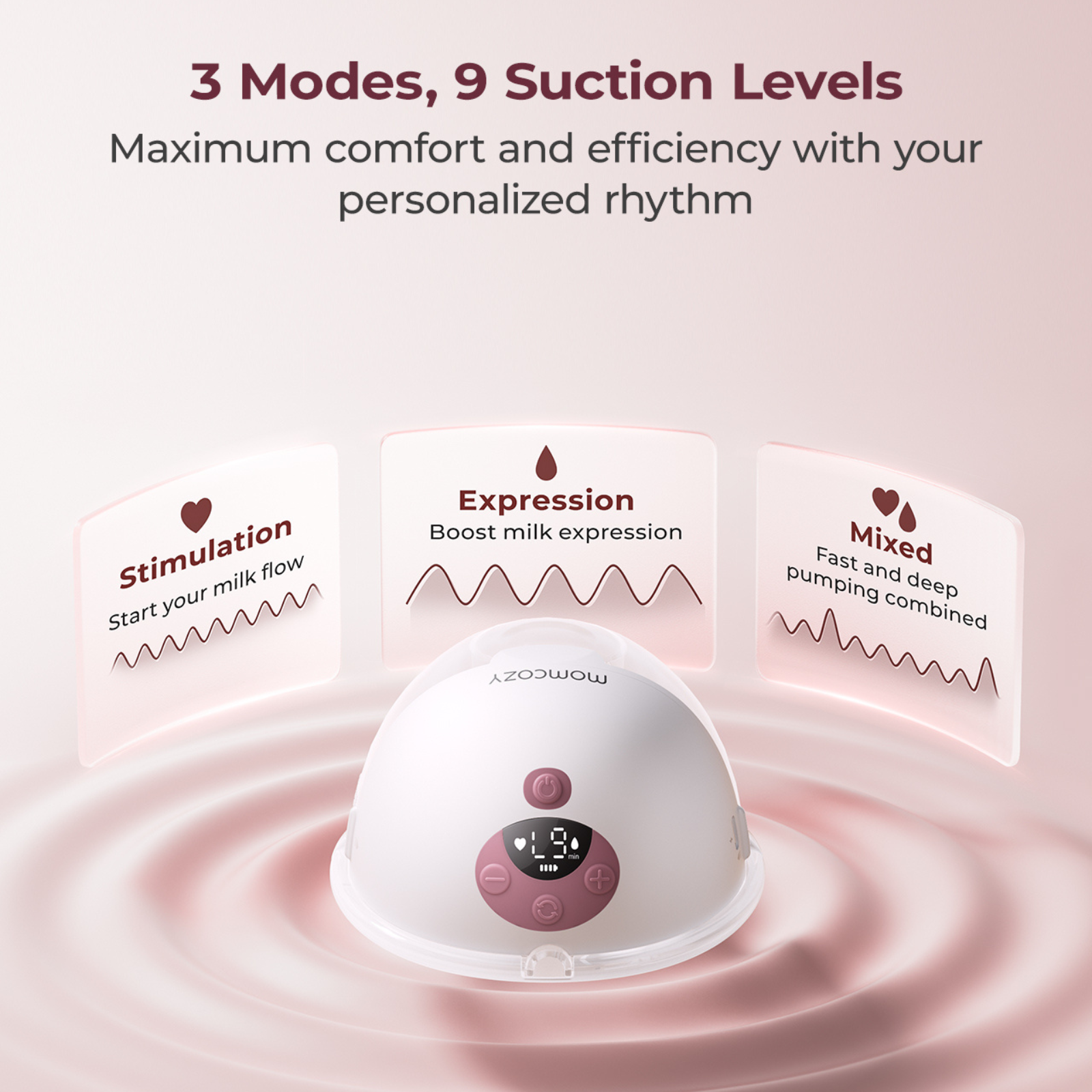 Un tire-lait blanc avec trois modes et neuf niveaux d'aspiration sur fond rose.