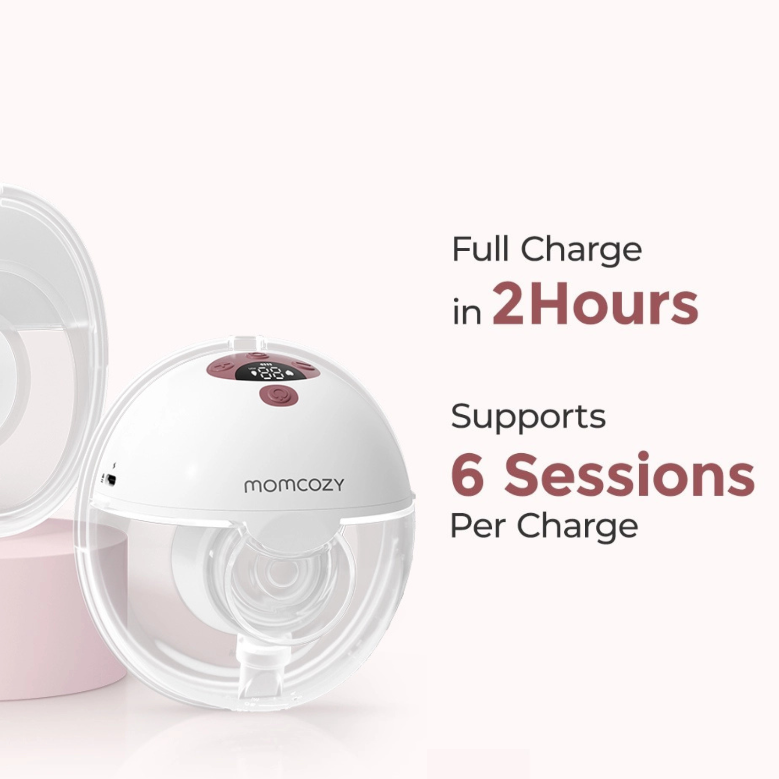 Tire-lait Momcozy avec texte : Charge complète en 2 heures, prend en charge 6 séances par charge.