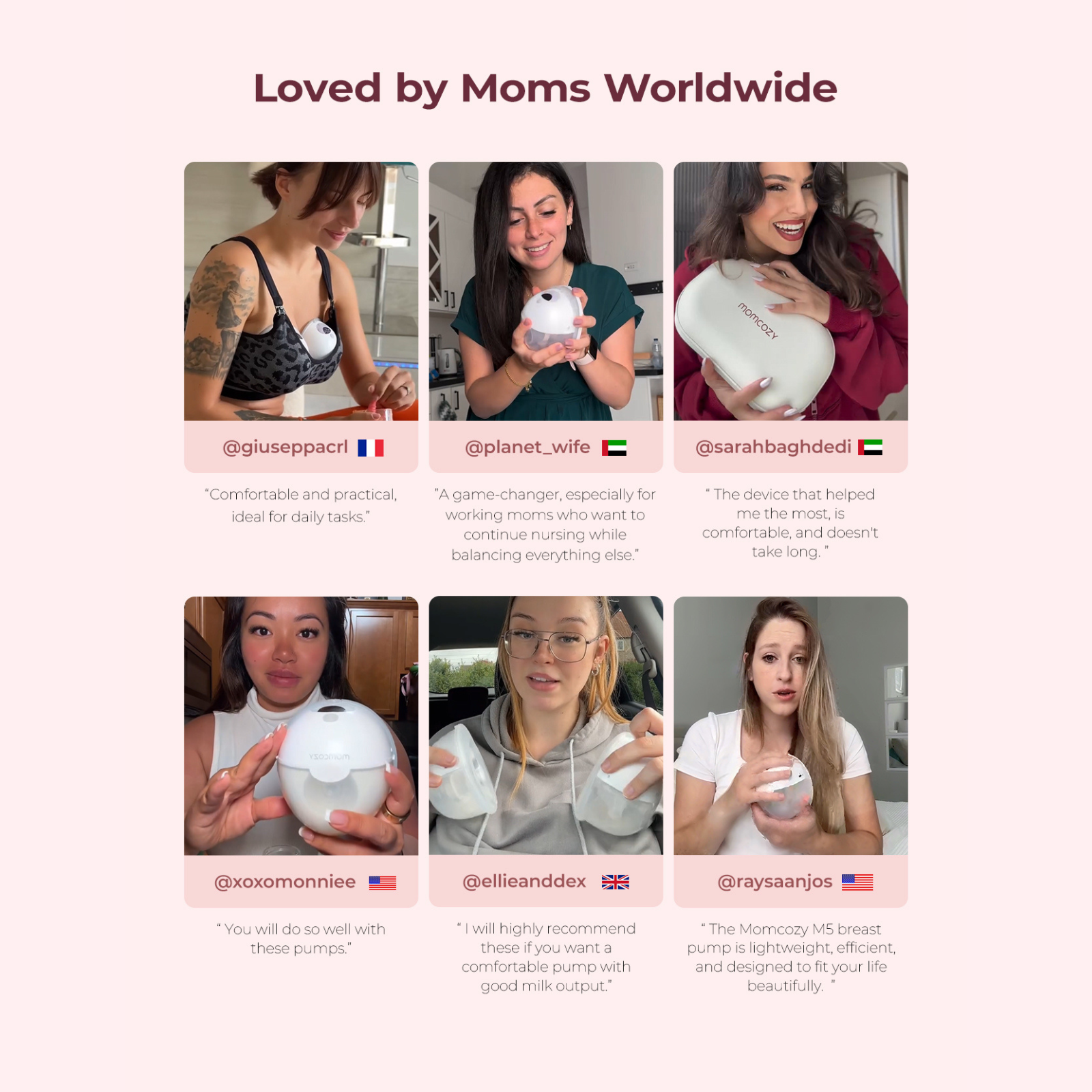 Six femmes partagent des avis positifs sur les tire-lait Momcozy.