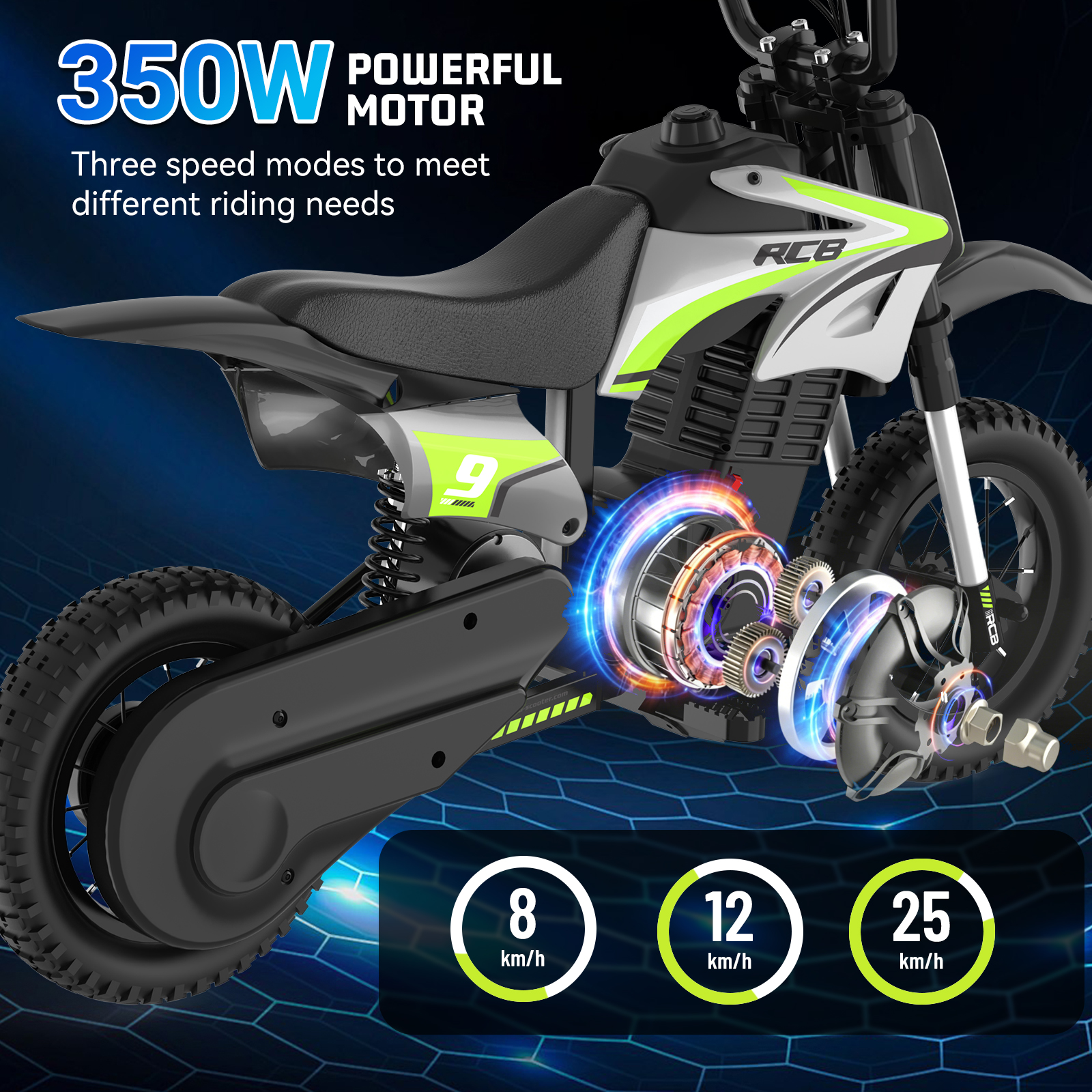 Ein schwarz-weißes Elektro-Dirt-Bike mit 350W Motor und drei Geschwindigkeiten.