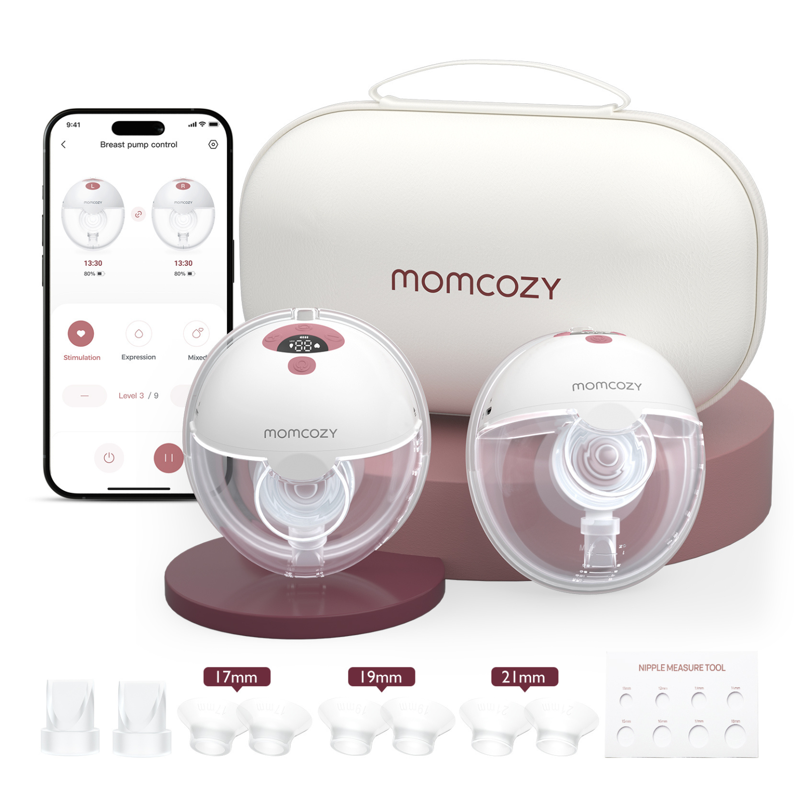 Tire-lait Momcozy avec accessoires, étui de rangement et application de contrôle.