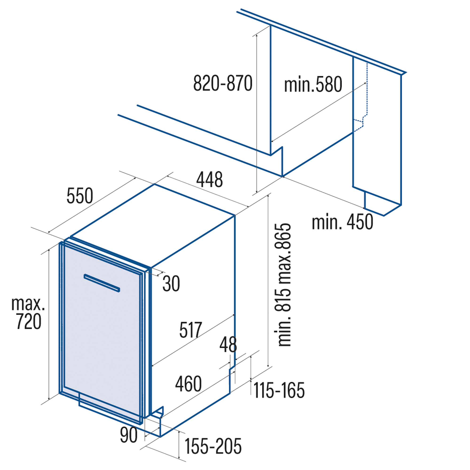 Plano técnico que muestra las dimensiones del lavavajillas y holguras de instalación.