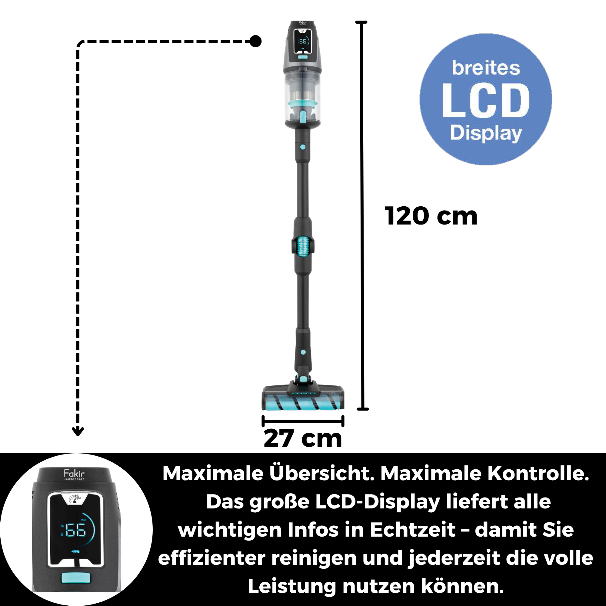 Akku-Staubsauger mit LCD-Display, 120 cm Höhe und 27 cm Bodenbürste, inklusive deutscher Textbeschreibung.