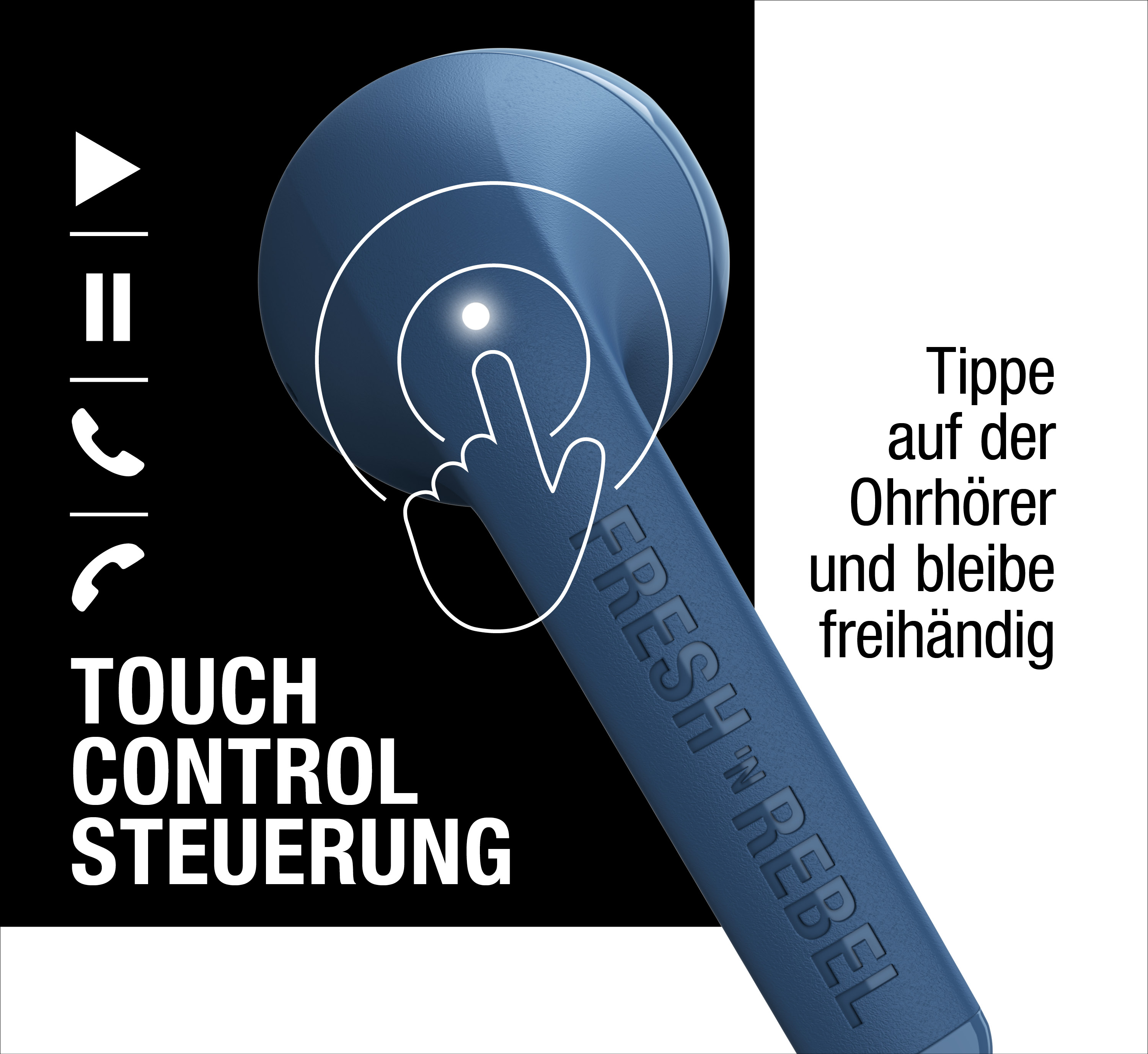 Blaue Ohrhörer-Steuerung mit weißem Touch-Symbol und Text auf schwarzem und weißem Hintergrund.