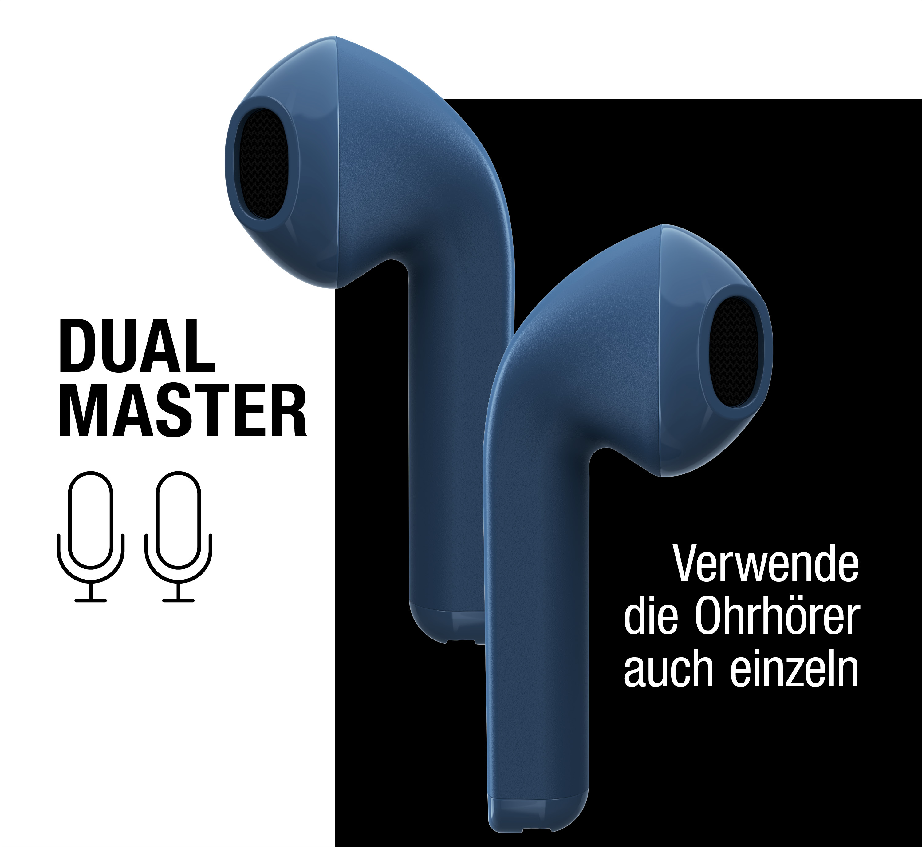 Blaue Ohrhörer auf schwarz-weißem Hintergrund mit Text Dual Master und deutscher Aufschrift.