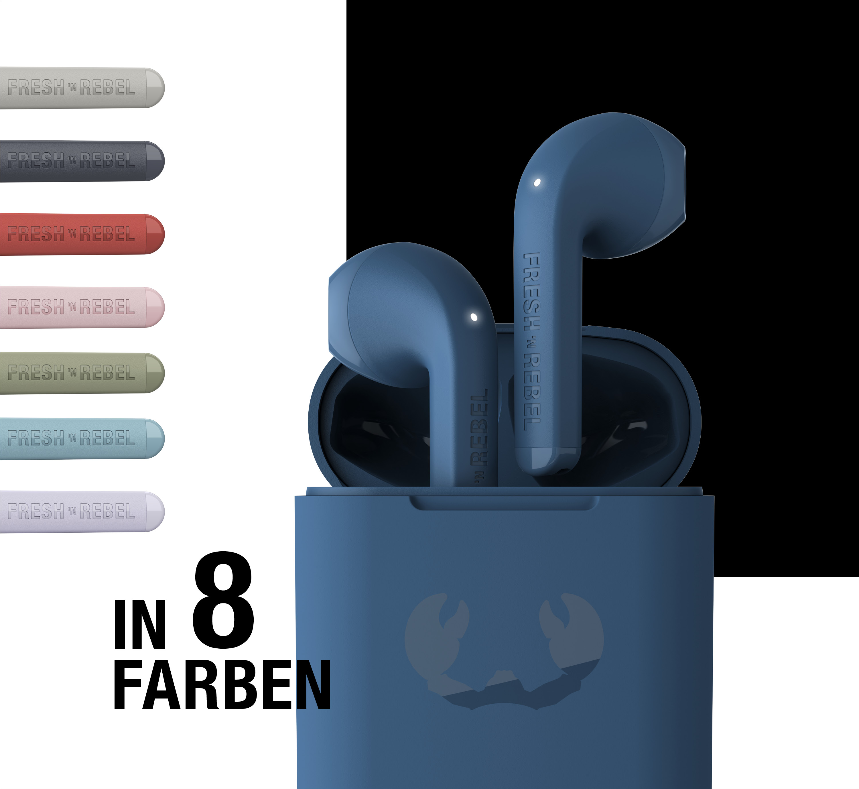 Blaue Fresh 'n Rebel In-Ear-Kopfhörer im Ladecase, links Farbauswahl und Text In 8 Farben.