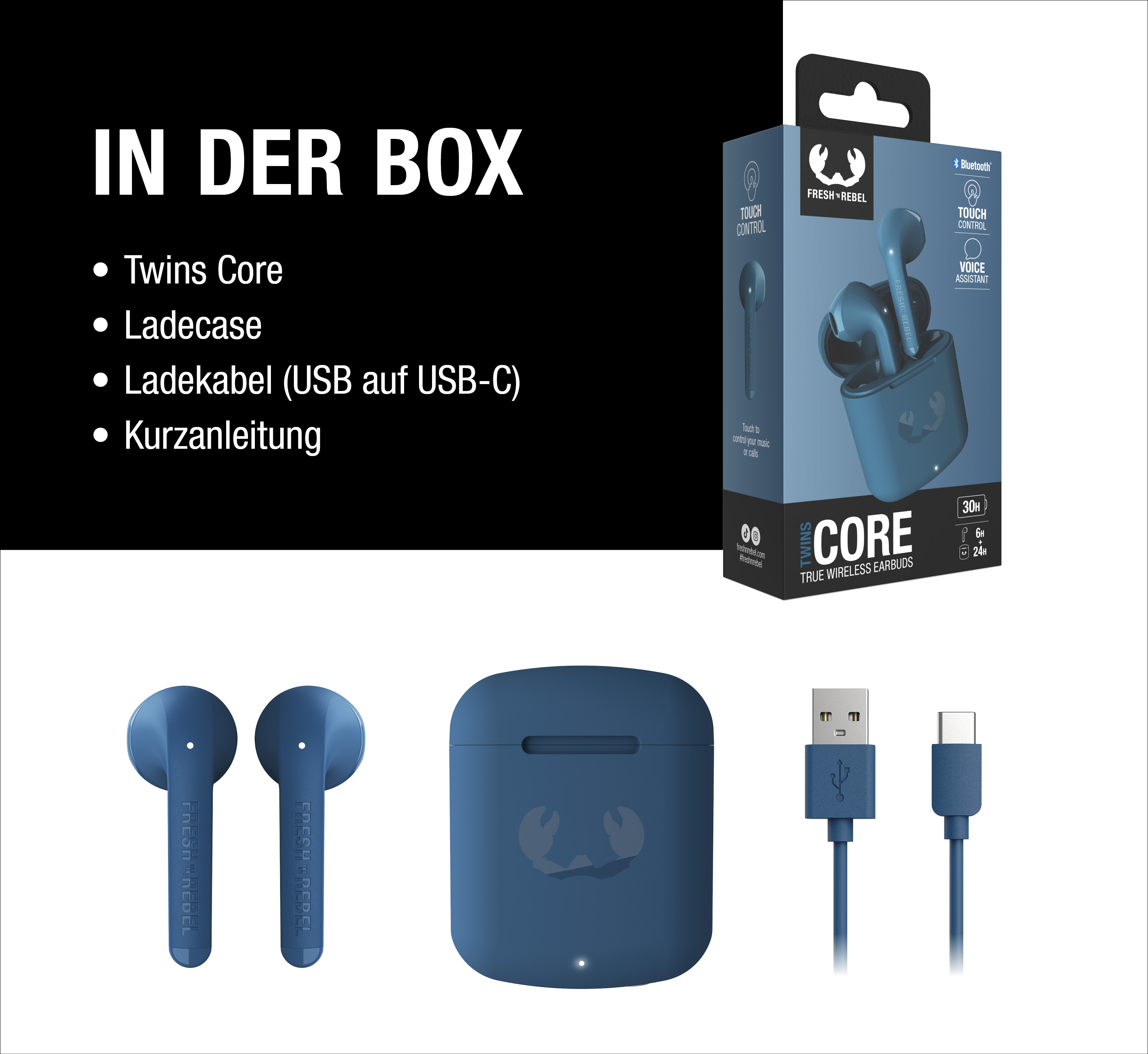 Blaue Fresh 'n Rebel Twins Core Ohrhörer, Ladecase und USB-C-Kabel mit Box und In-der-Box-Text.