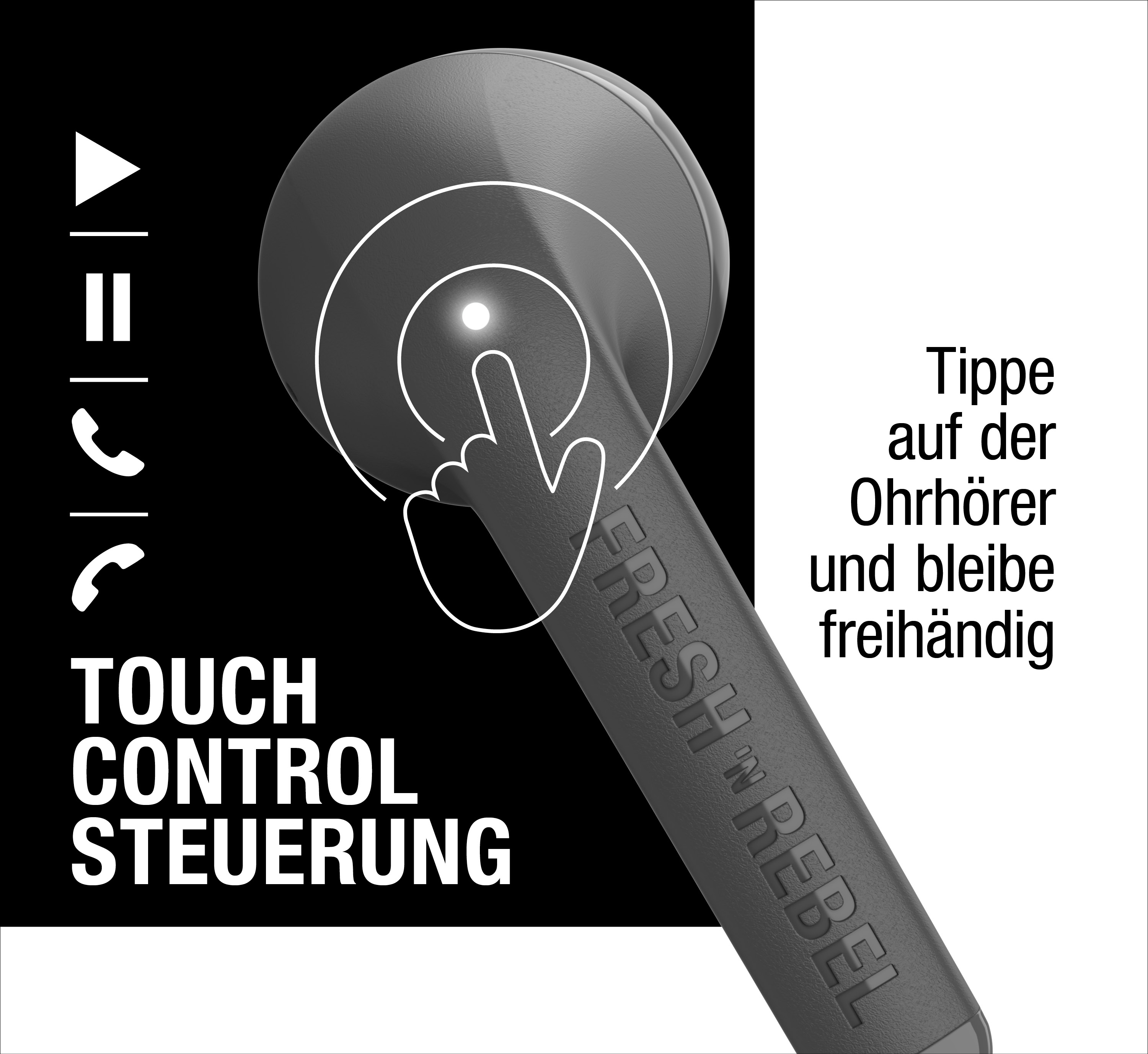 Grafik zeigt Touch-Steuerung eines Kopfhörers mit Hand und deutscher Anleitung.