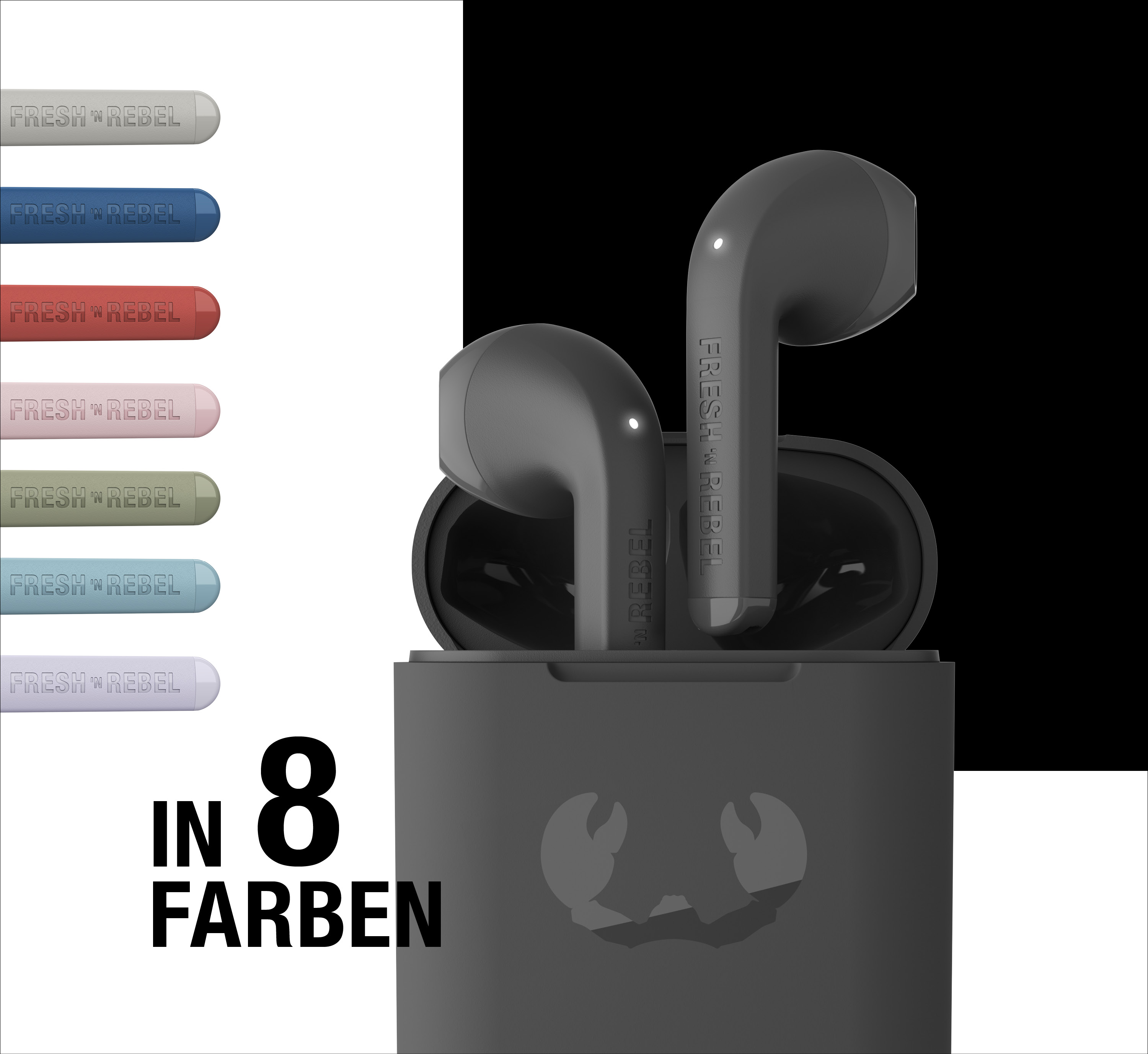 Schwarze kabellose In-Ear-Kopfhörer in Ladebox mit Logo und Farbauswahlleiste links.