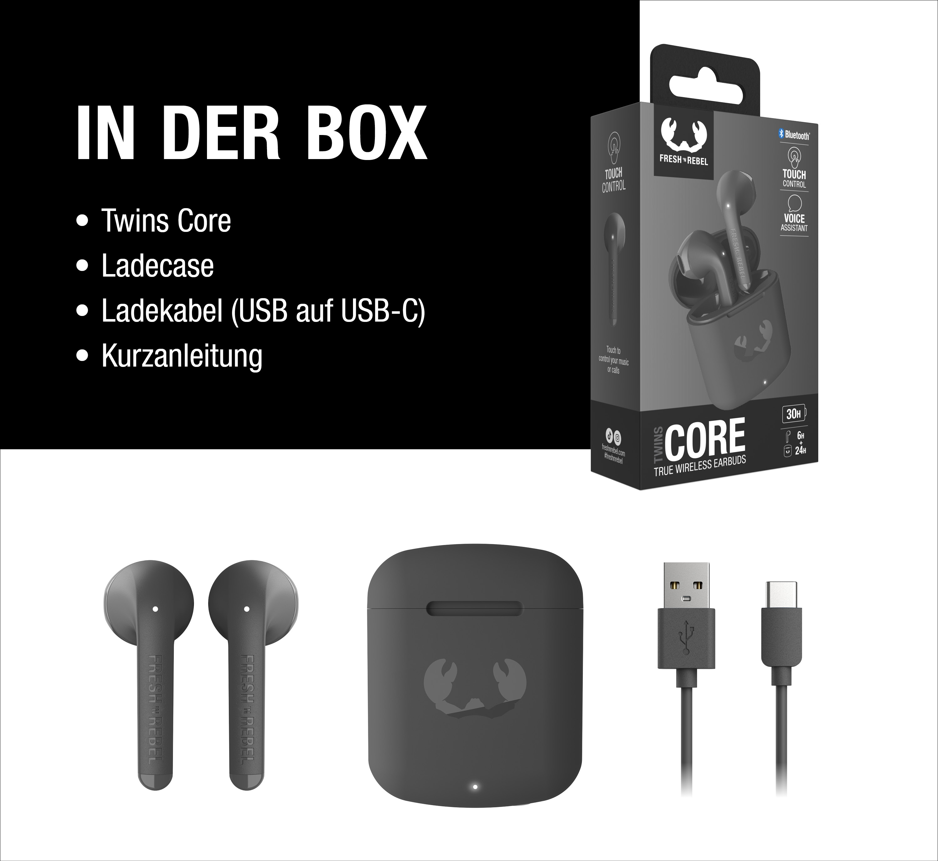 Paketinhalt: Graue Twins Core Ohrhörer, Ladecase, USB-auf-USB-C-Kabel und Kurzanleitung.