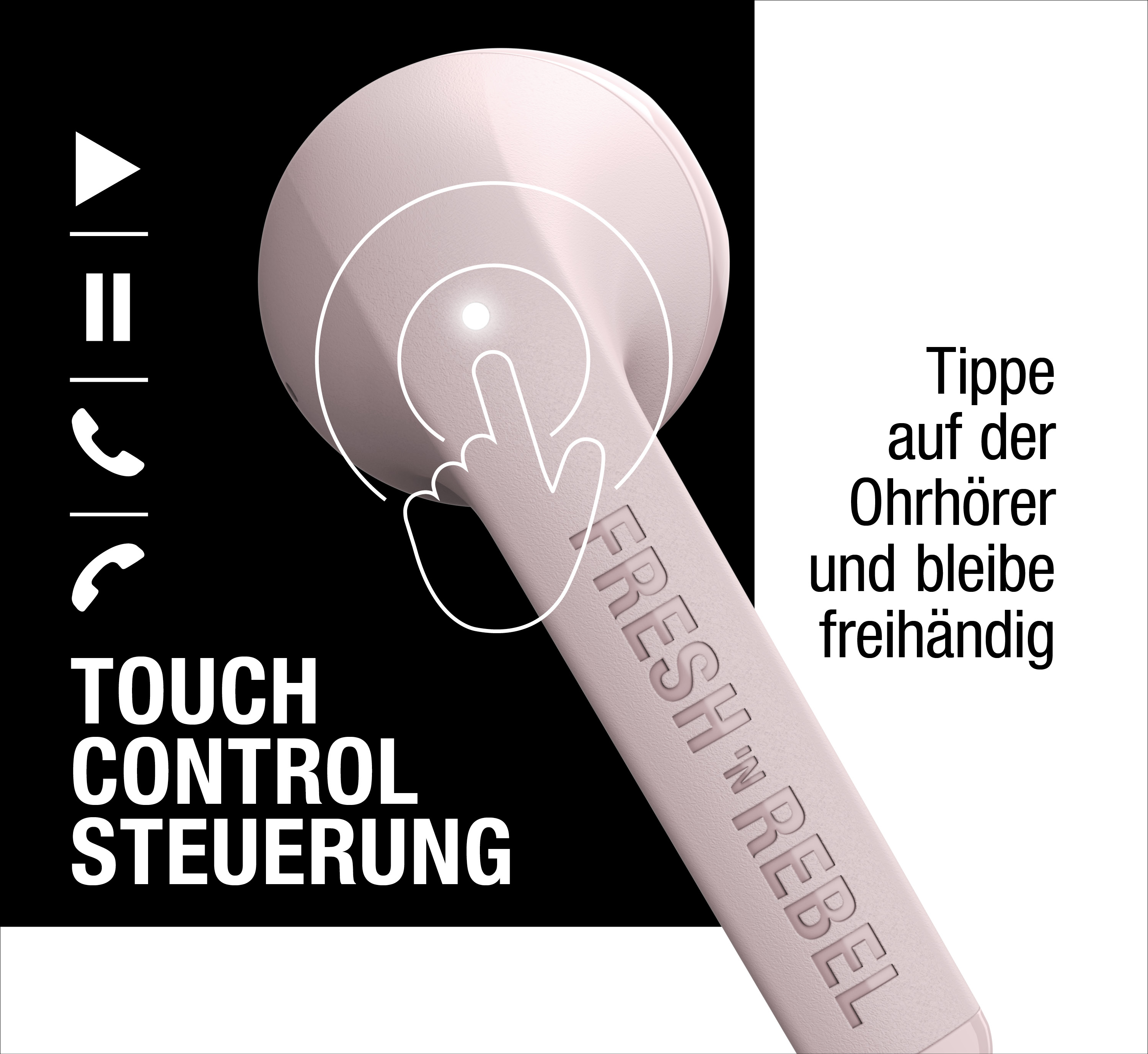 Ein rosafarbener Kopfhörer mit Touch-Steuerung und erklärendem Text auf Schwarz-Weiß-Hintergrund.