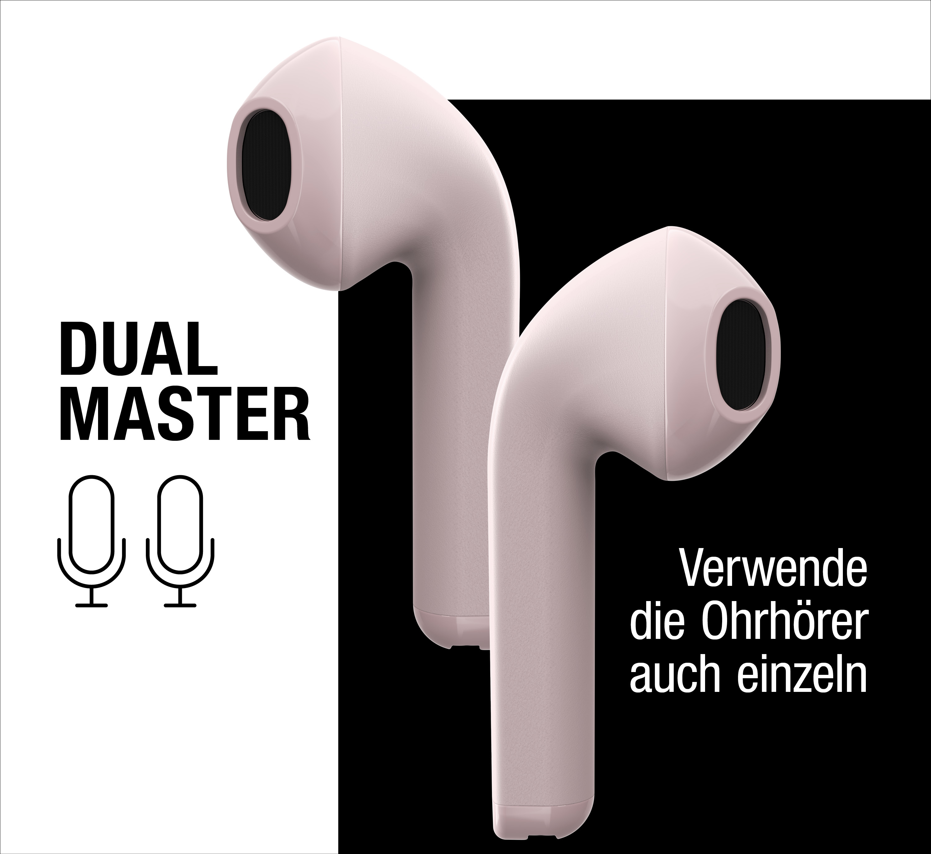 Zwei rosa Ohrhörer vor schwarz-weißem Hintergrund mit Text Dual Master und deutscher Aufschrift.