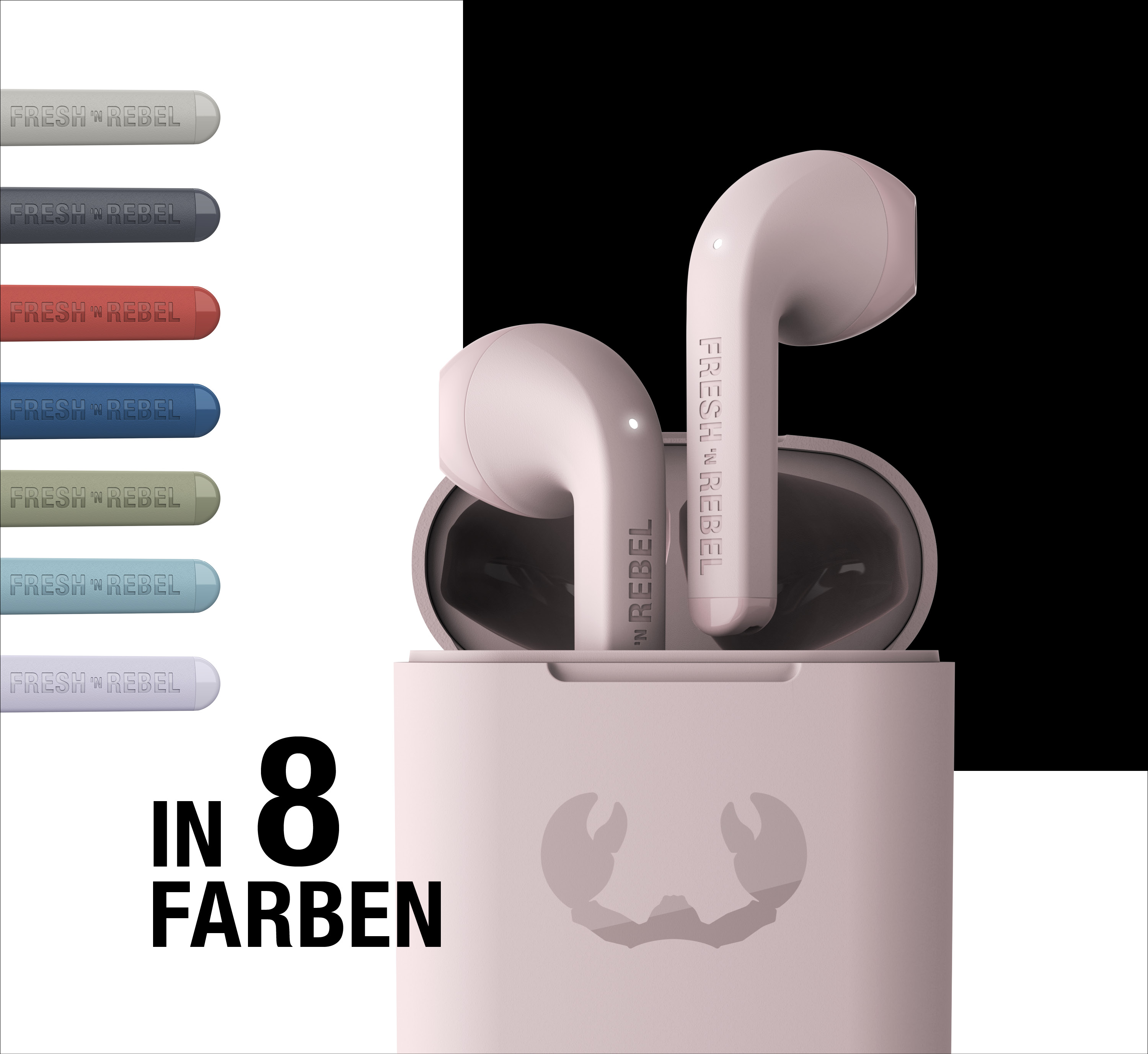 Rosa kabellose Ohrhörer im Ladecase, mit Farboptionen links und Text "IN 8 FARBEN".