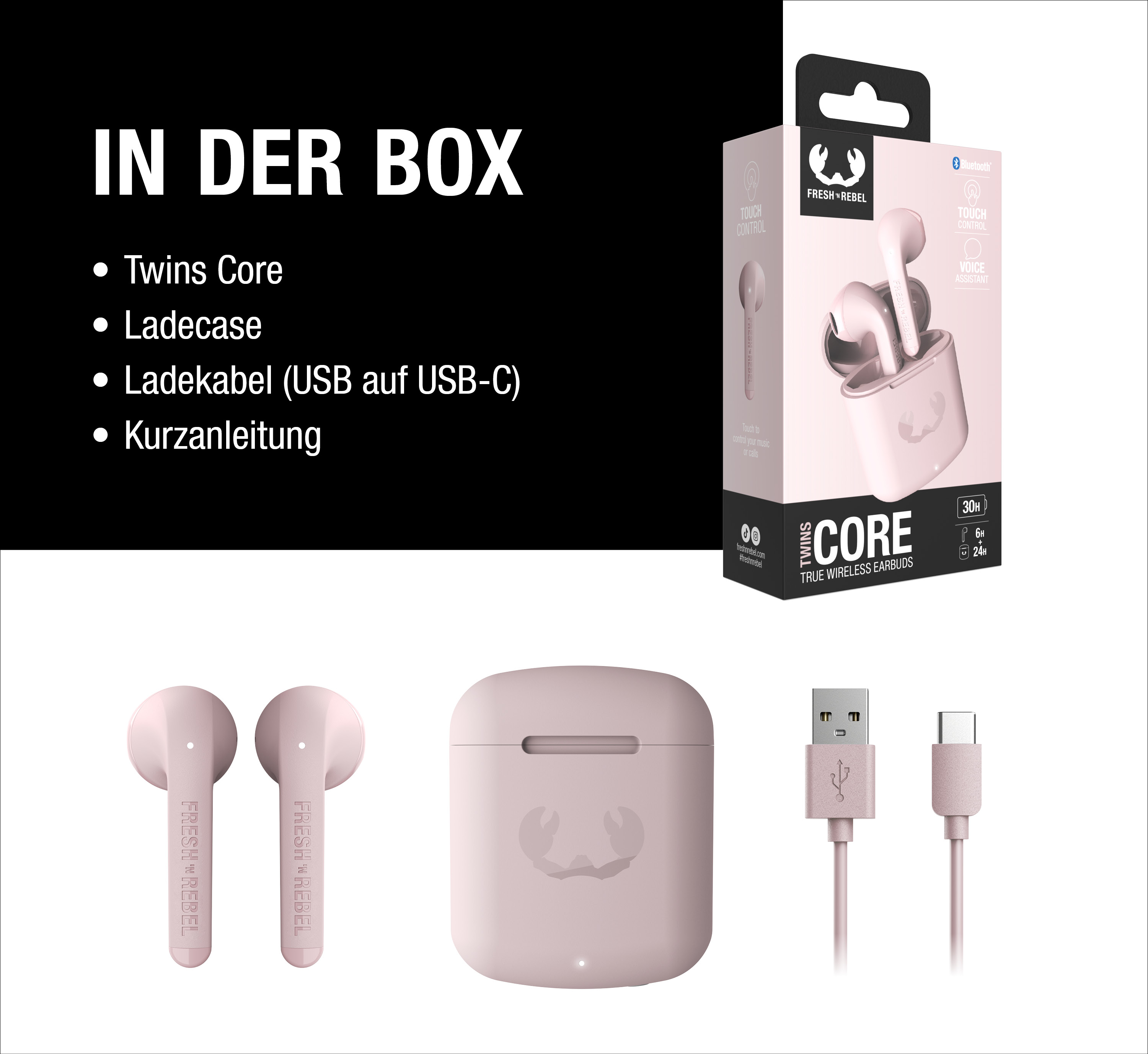 Rosa kabellose In-Ear-Kopfhörer, Ladecase, USB-Kabel und Verpackung.