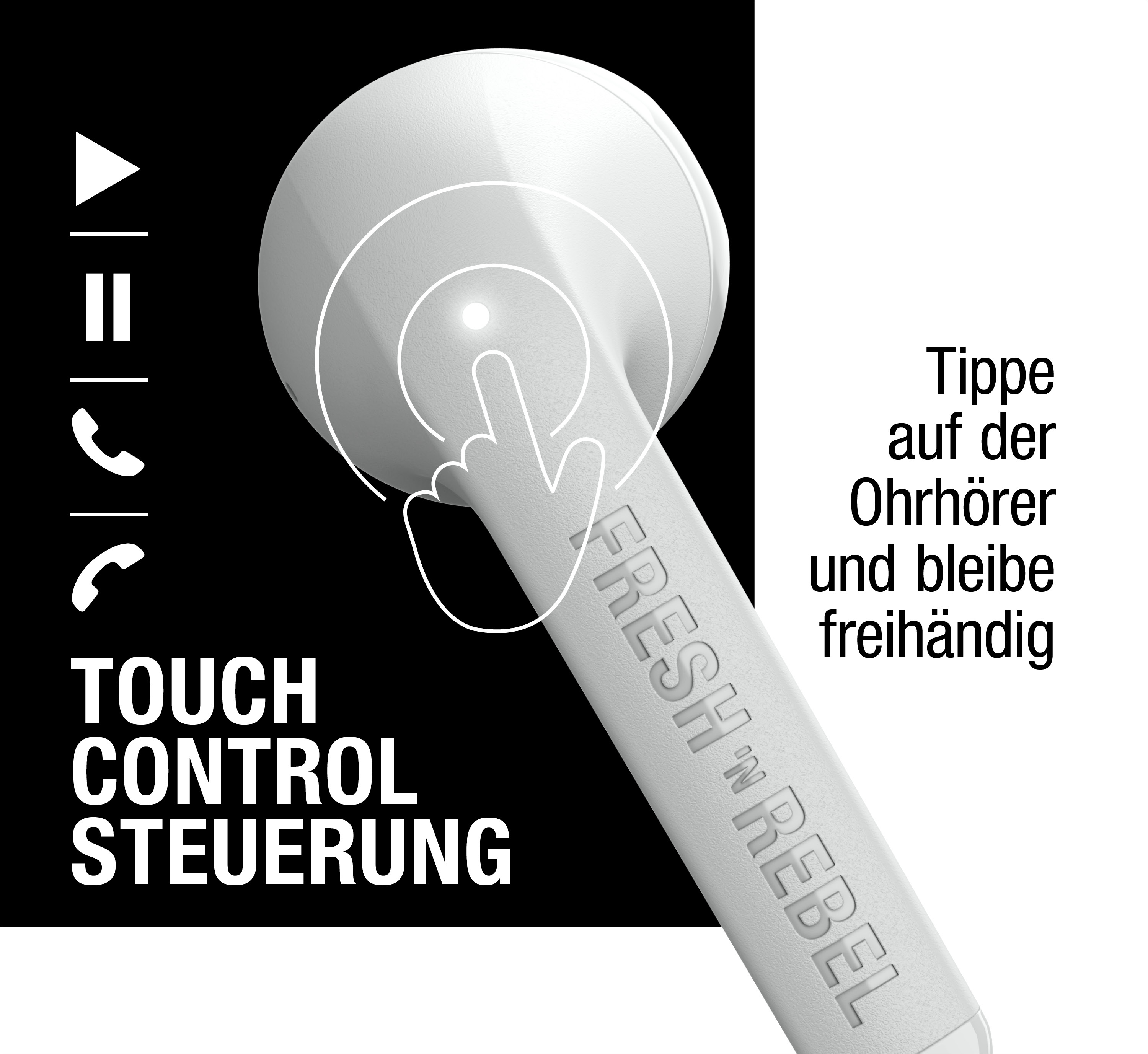 Ein weißer Ohrhörer mit Touch-Steuerung, Text auf Deutsch und Symbolen für Musik und Anrufe vor schwarz-weißem Hintergrund.