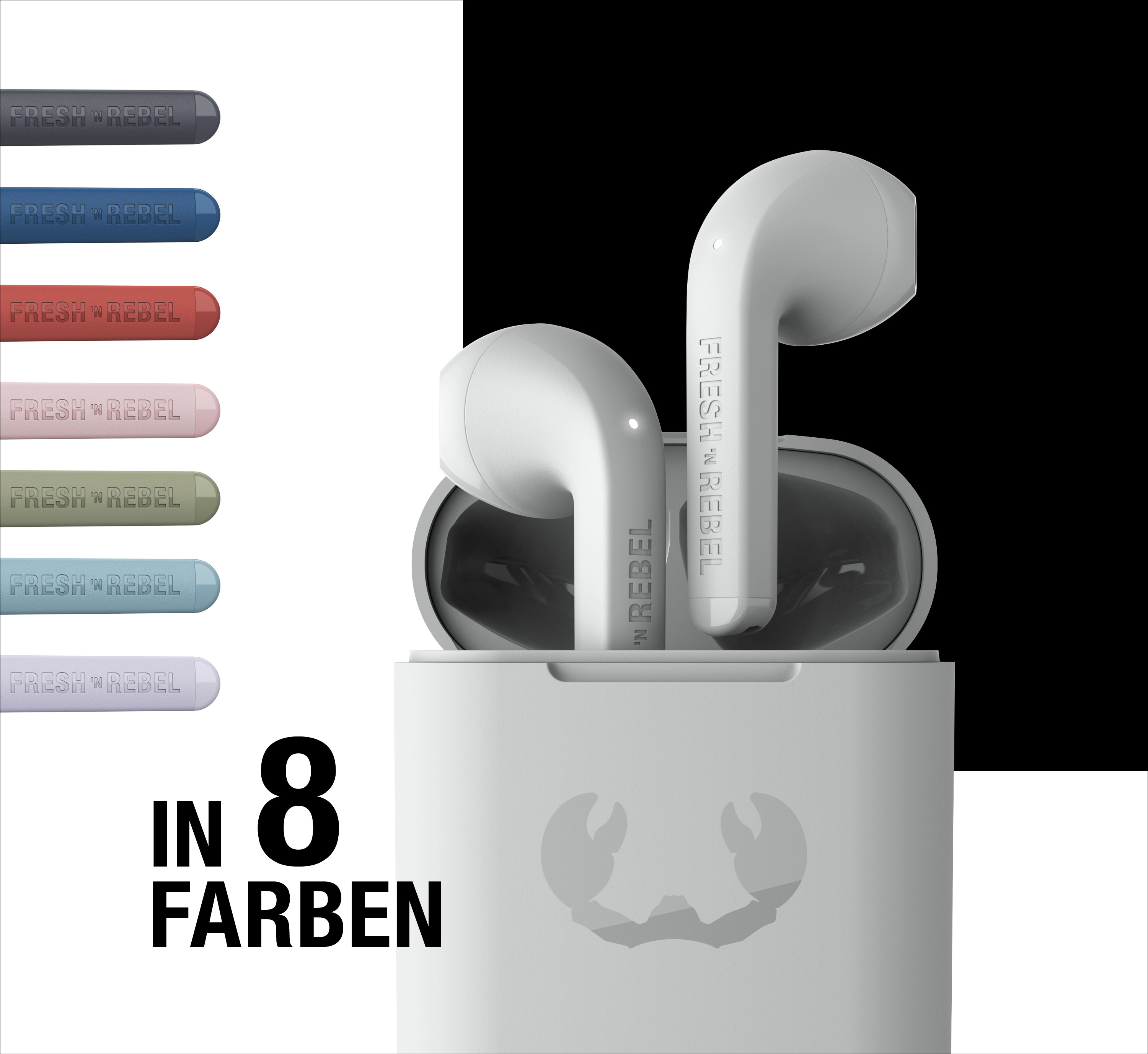Weiße Fresh 'n Rebel Ohrhörer im Ladecase, mit Farboptionen links und dem Text "in 8 Farben".