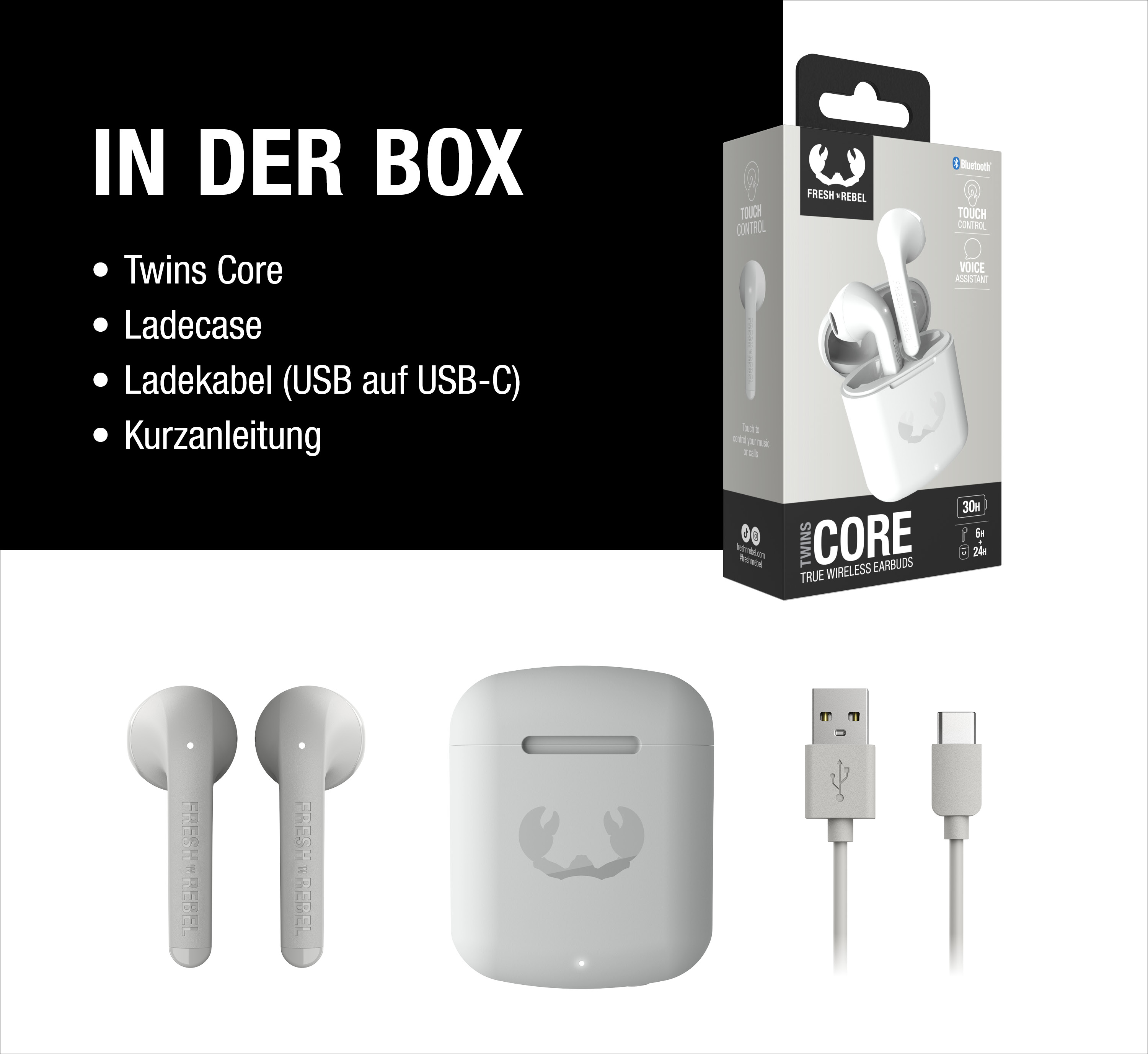 Verpackungsinhalt für Fresh 'n Rebel Twins Core Ohrhörer: Case, Ladekabel und Anleitung.