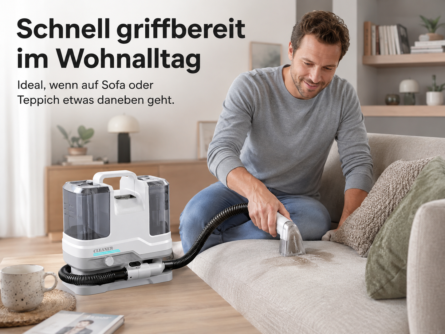 Ein Mann reinigt mit einem kompakten Sprühextraktionsgerät ein Sofa.