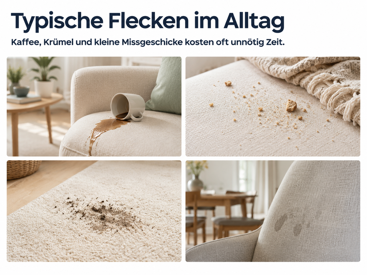 Vier Bilder zeigen alltägliche Flecken wie verschütteten Kaffee, Krümel, Schmutz auf einem Teppich und Flecken auf einem Stuhl.