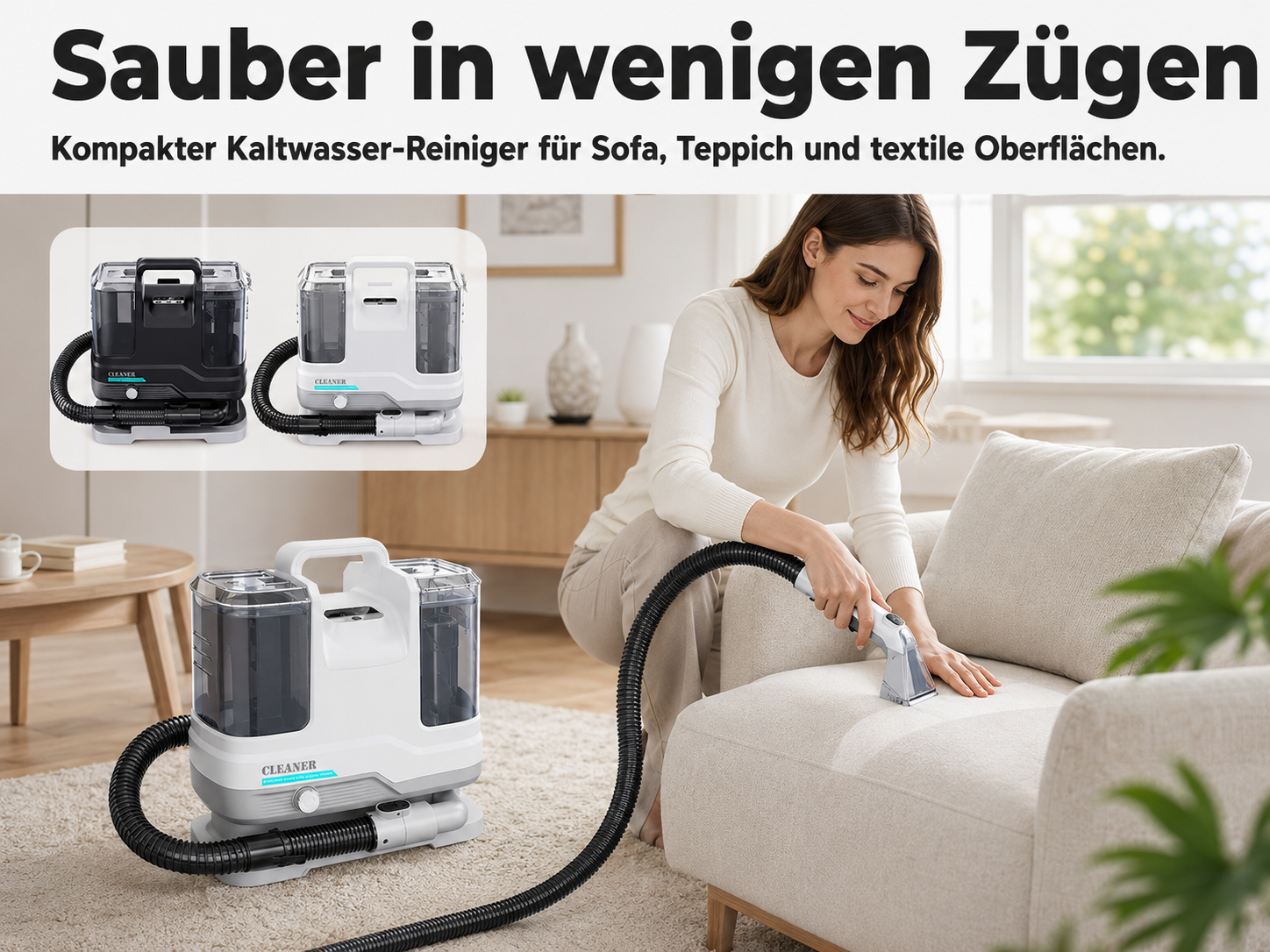 Eine Frau reinigt ein Sofa mit einem tragbaren weißen Teppichreiniger in einem hellen Wohnzimmer.