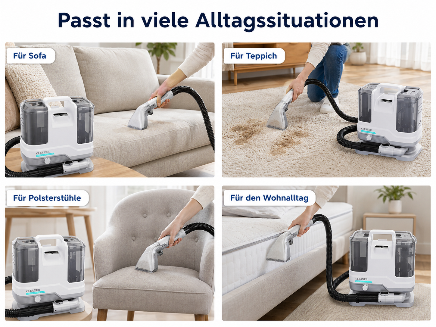 Ein weißer Teppichreiniger wird auf einem Sofa, Teppich, Sessel und einer Matratze angewendet.