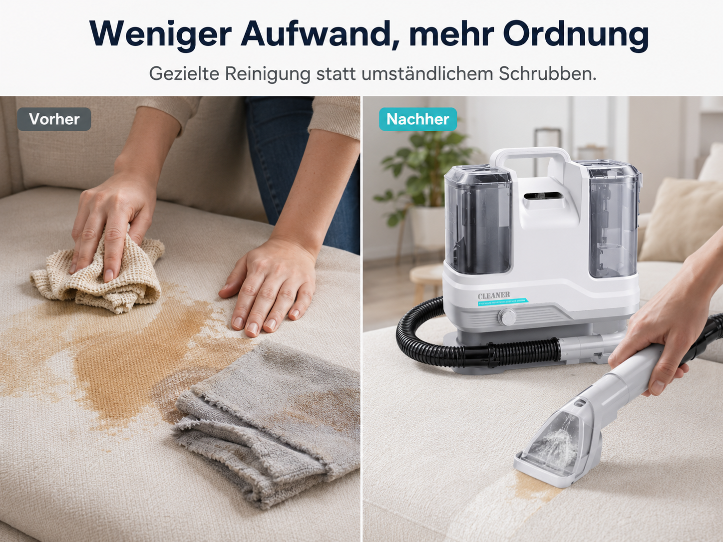 Vergleich von manueller Reinigung mit einem Lappen (links) und maschineller Reinigung mit einem Teppichreiniger (rechts).