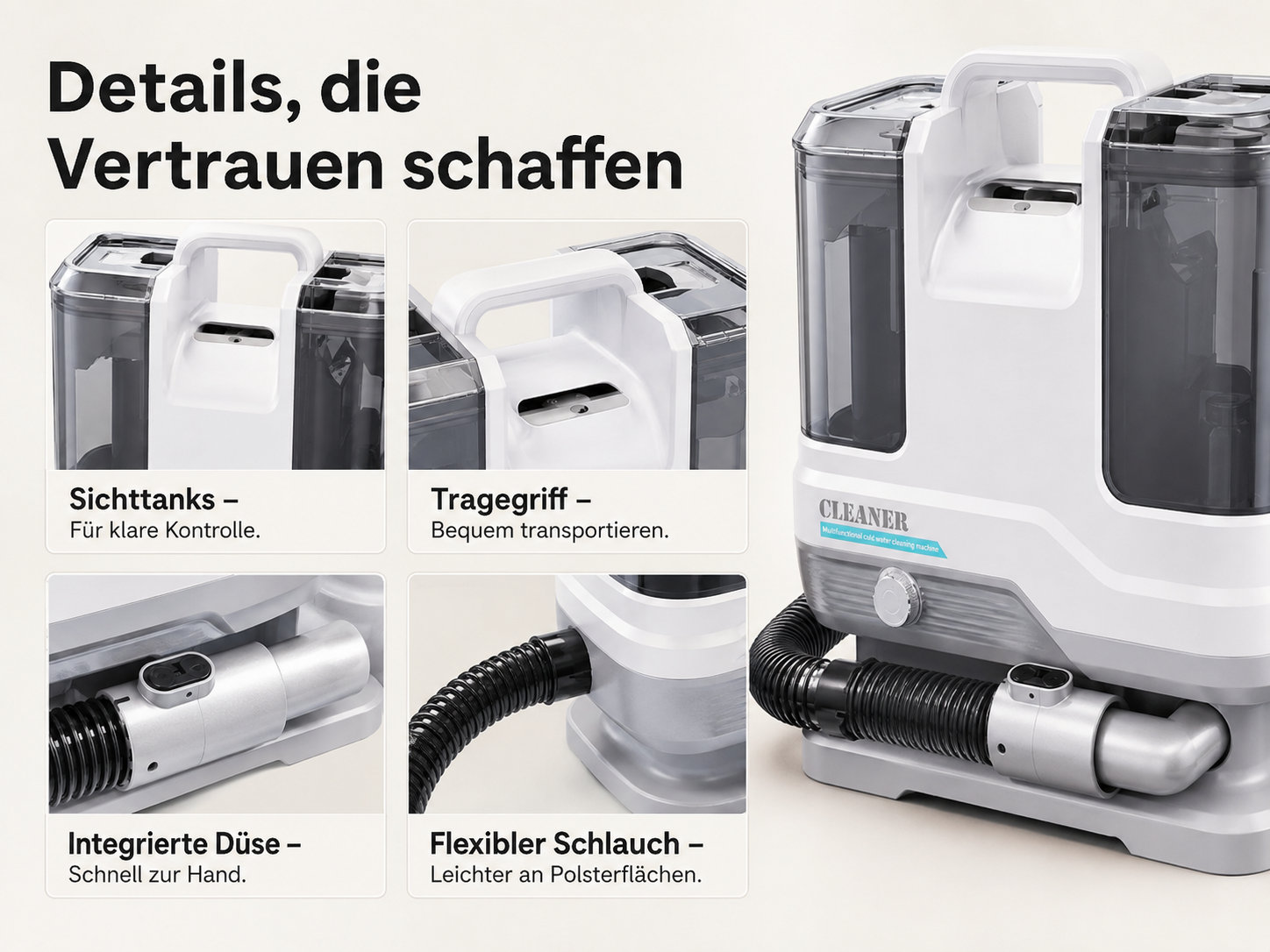 Produktwerbung für einen Teppichreiniger mit Detailansichten von Wassertank, Tragegriff, Düse und Schlauch.