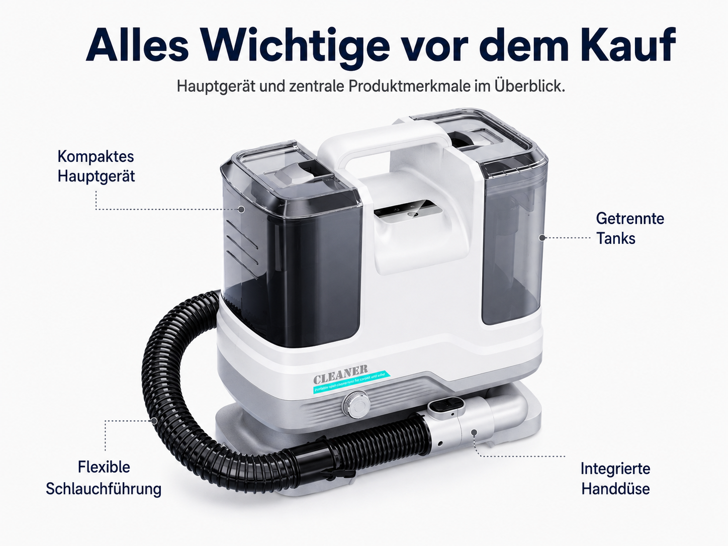 Tragbarer weißer Teppichreiniger mit zwei Wassertanks, schwarzem Schlauch und deutschen Produktmerkmalen.