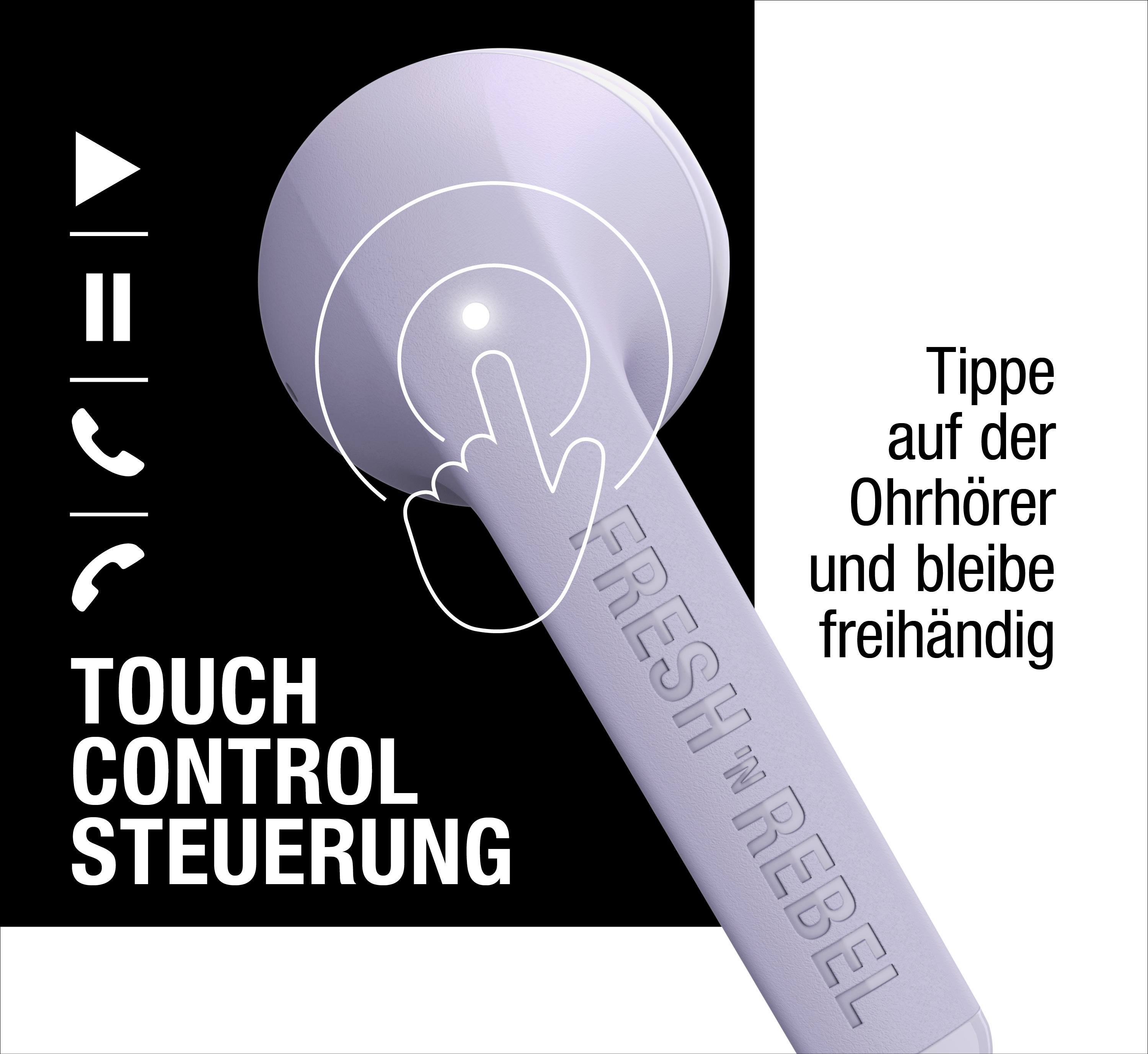 Lila Ohrhörer mit Touch-Steuerung, Icons für Play, Pause und Anrufe sowie deutscher Text.