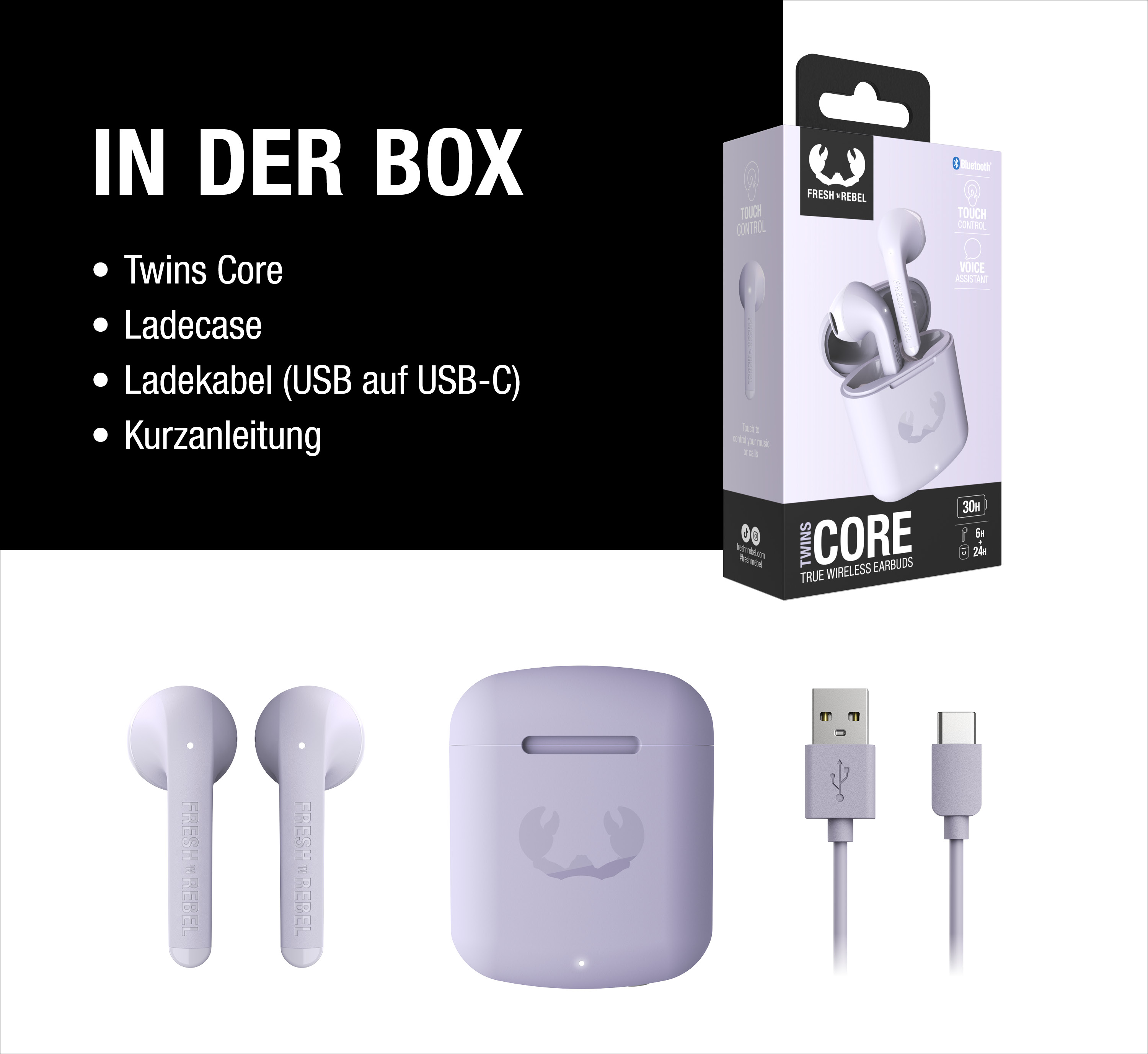 Lieferumfang: Fresh 'n Rebel Twins Core Ohrhörer, Ladecase, USB-zu-USB-C-Kabel und Kurzanleitung.